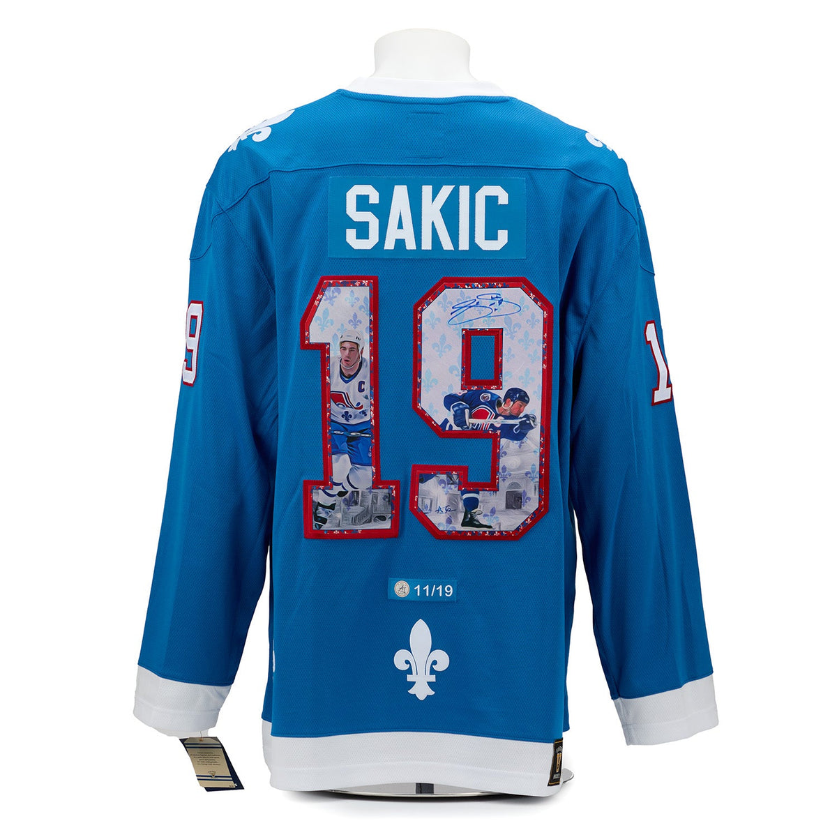 Joe Sakic Signed Quebec Nordiques Winter Fleurs-De-Lis Art Jersey #11/19 product image 1, provided for visual reference and