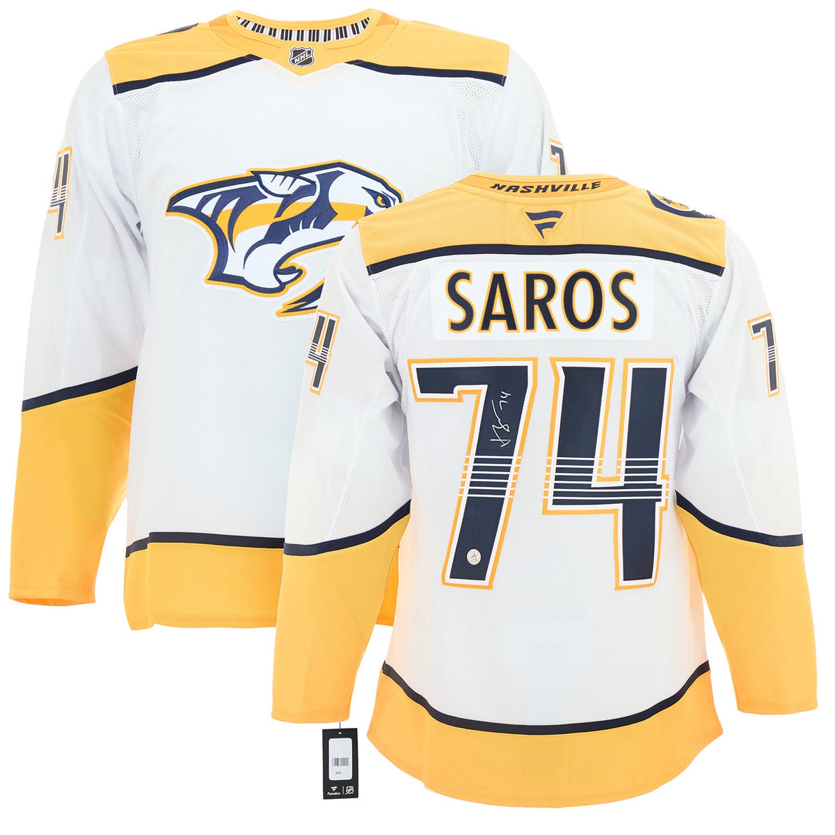 Juuse Saros Signed Nashville Predators White Fanatics Premium Jersey product image 3, provided for visual reference and