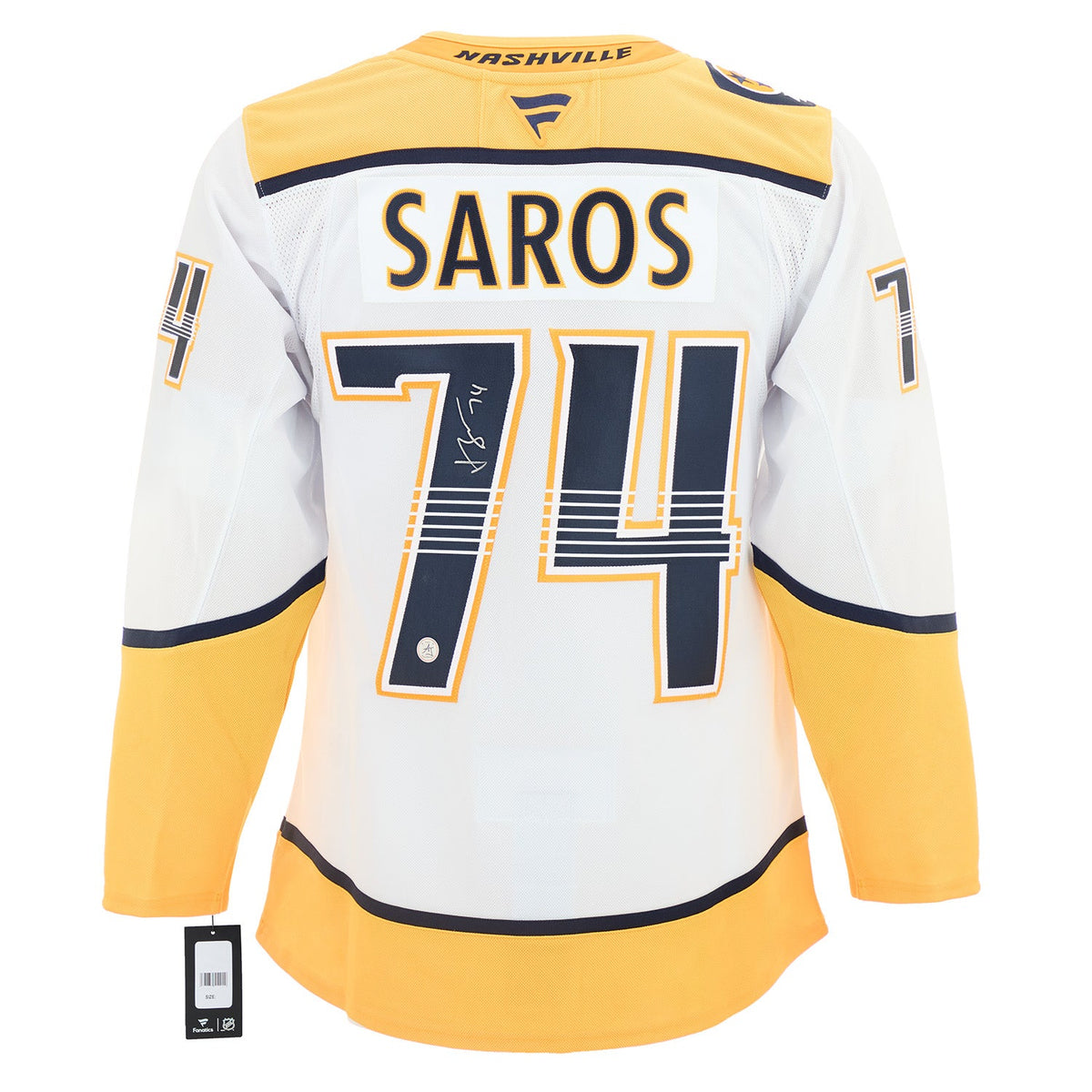 Juuse Saros Signed Nashville Predators White Fanatics Premium Jersey product image 1, provided for visual reference and