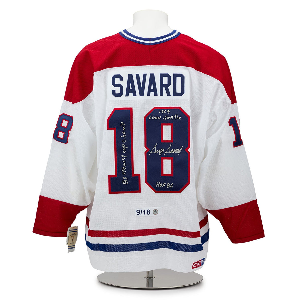 Serge Savard Montreal Canadiens Signed Career Stats CCM Jersey #9/18 product image 1, provided for visual reference and