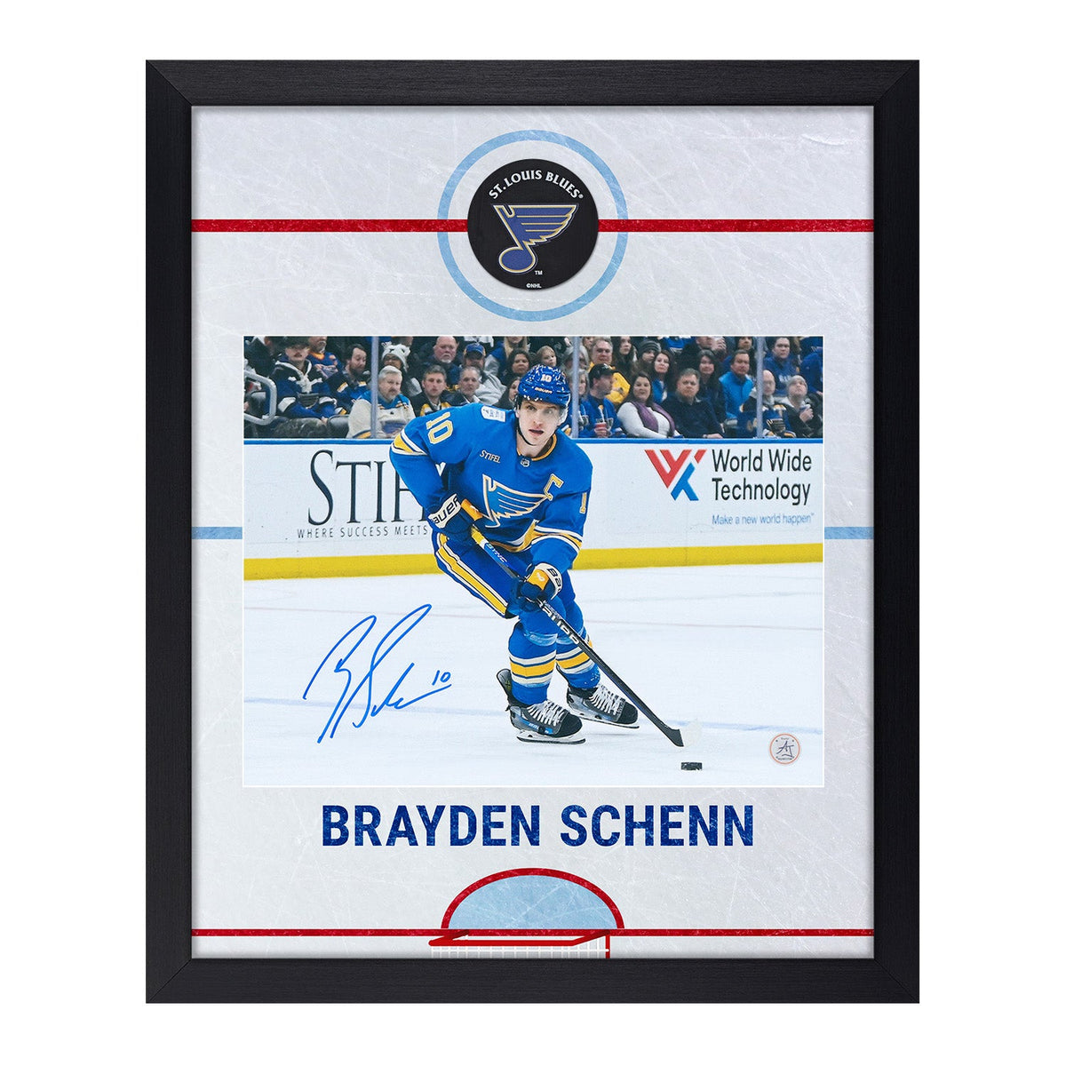 Brayden Schenn Autographed St Louis Blues Graphic Rink 19x23 Frame product image 1, provided for visual reference and