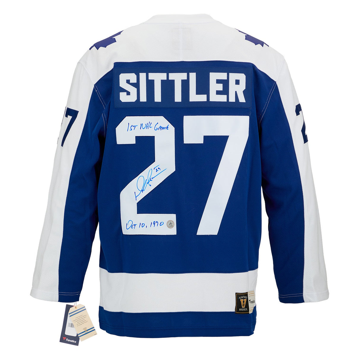 Darryl Sittler Signed & Dated 1st Game Toronto Maple Leafs Throwback Jersey product image 1, provided for visual reference