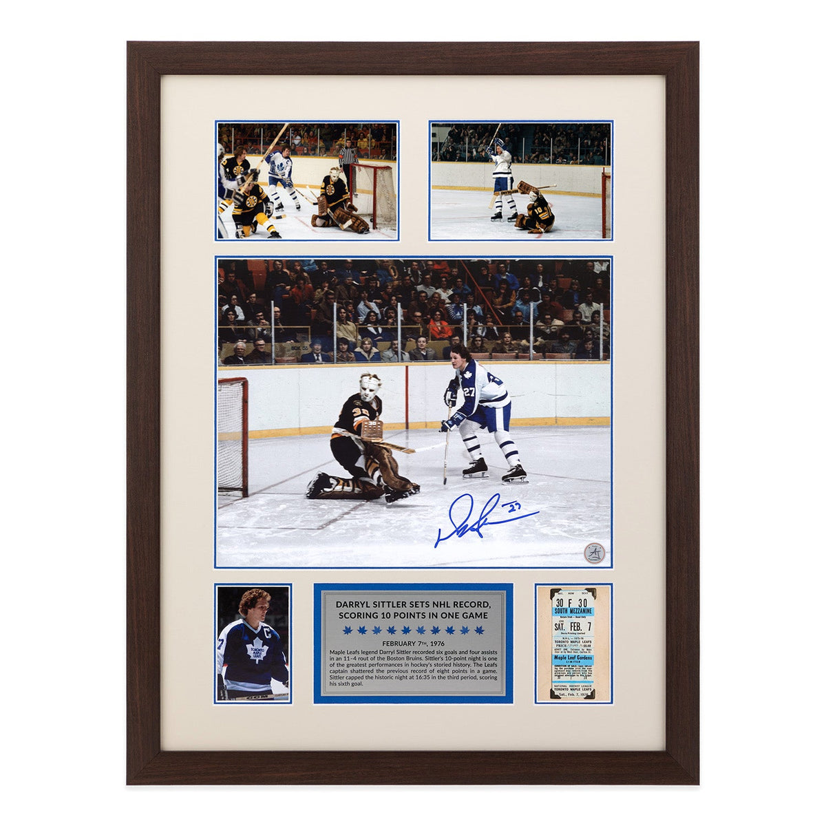 Darryl Sittler Signed Maple Leafs 10 Point Record Game Ticket 20x26 Frame product image 1, provided for visual reference and