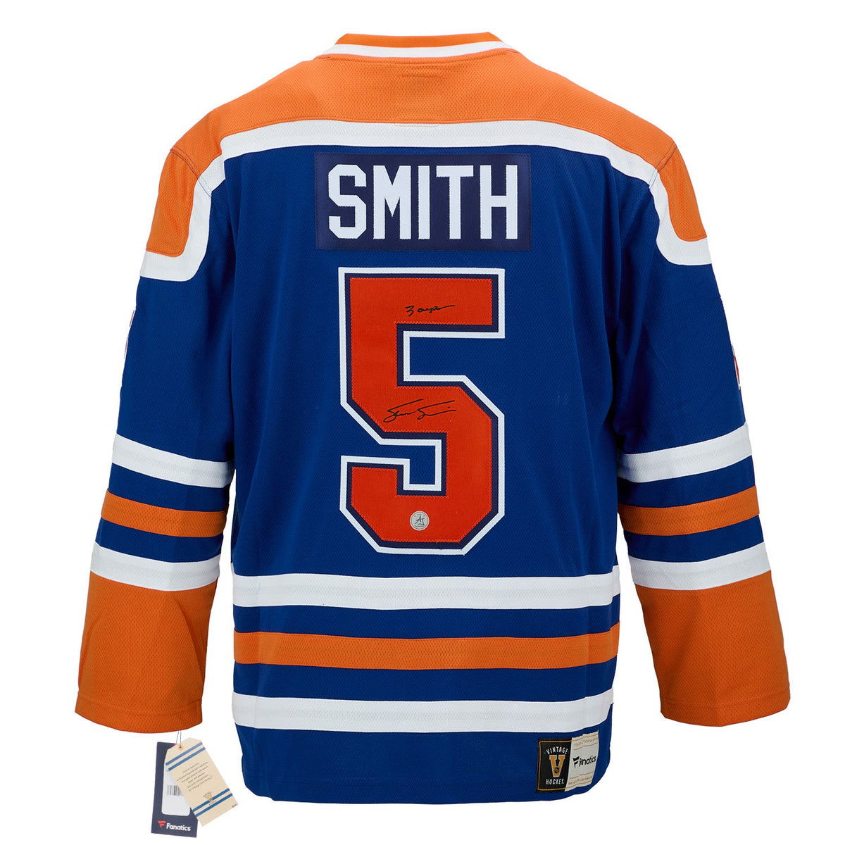 Steve Smith Autographed Edmonton Oilers Fanatics Throwback Jersey product image 1, provided for visual reference and product