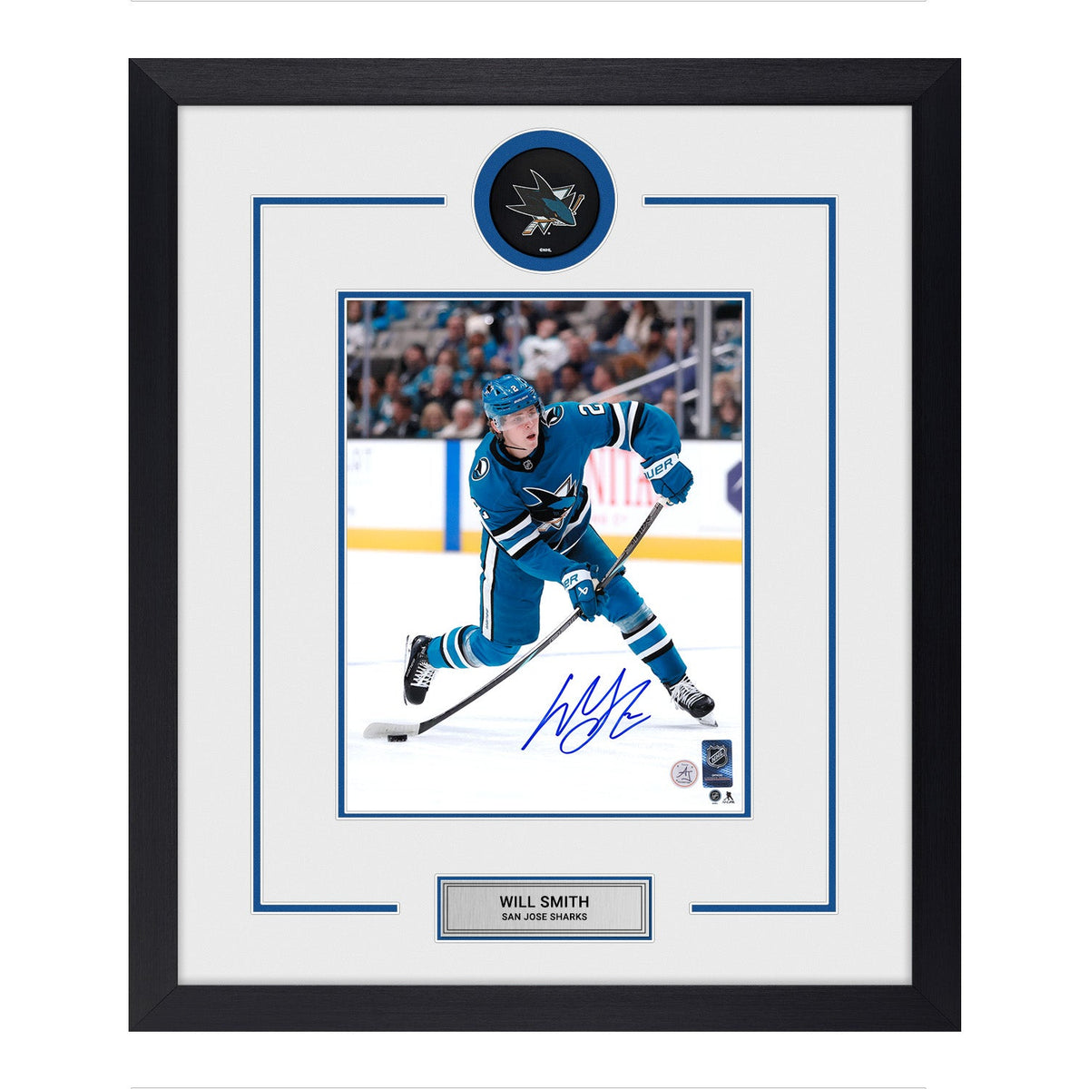 Will Smith Autographed San Jose Sharks Puck Logo 22x26 Frame product image 1, provided for visual reference and product
