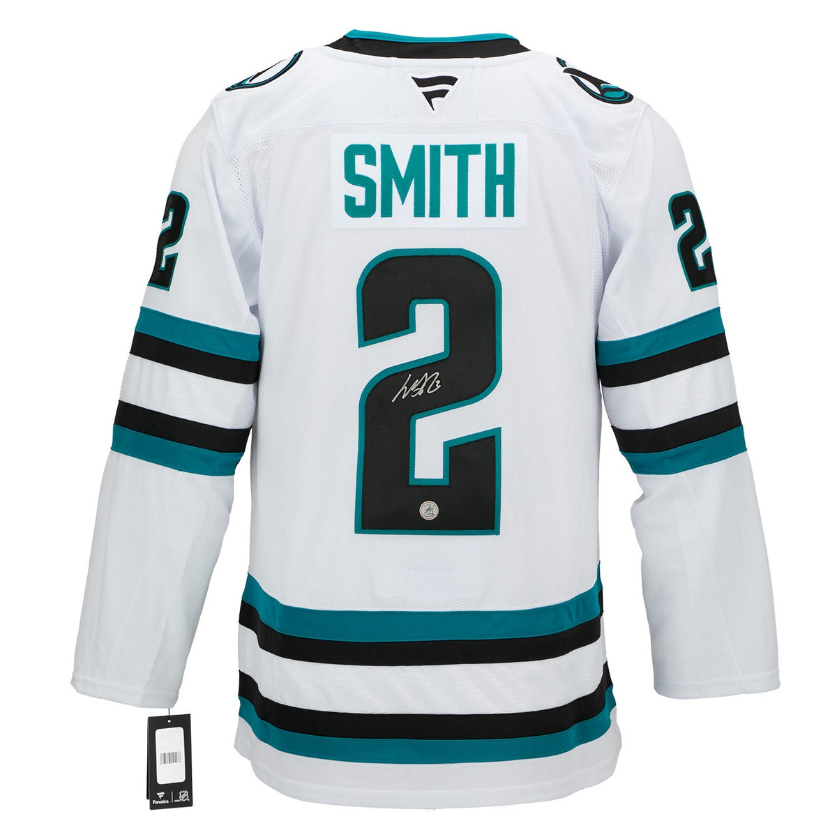 Will Smith Signed San Jose Sharks White Fanatics Premium Jersey product image 1, provided for visual reference and product