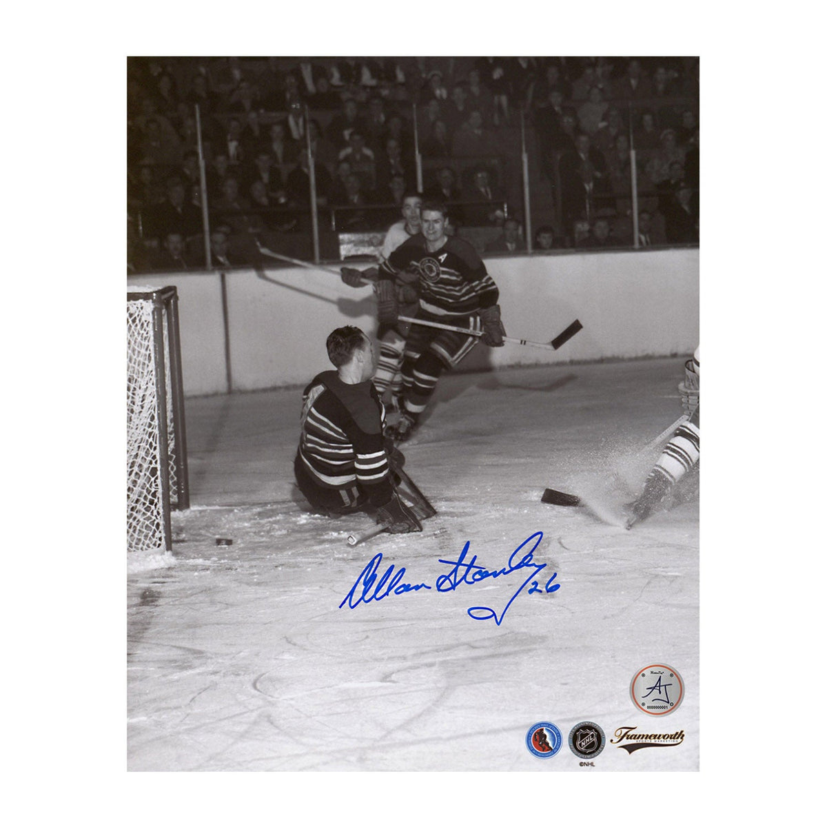 Allan Stanley Autographed Chicago Blackhawks Black & White Action 8x10 Photo product image 1, provided for visual reference