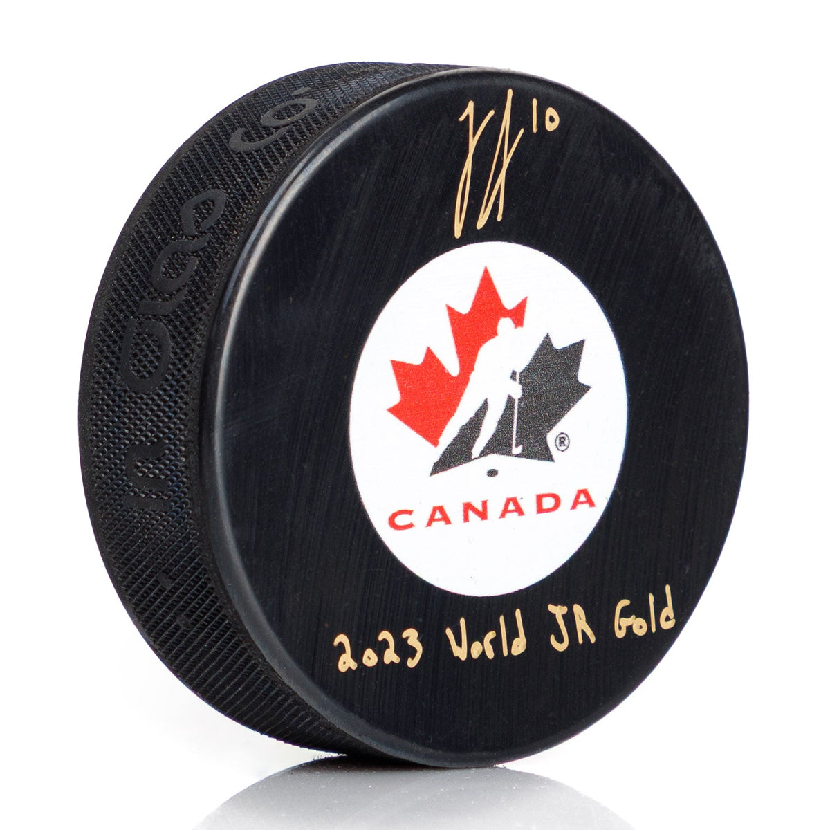 Logan Stankoven Signed Team Canada Hockey Puck with Jr Gold Note product image 1, provided for visual reference and product