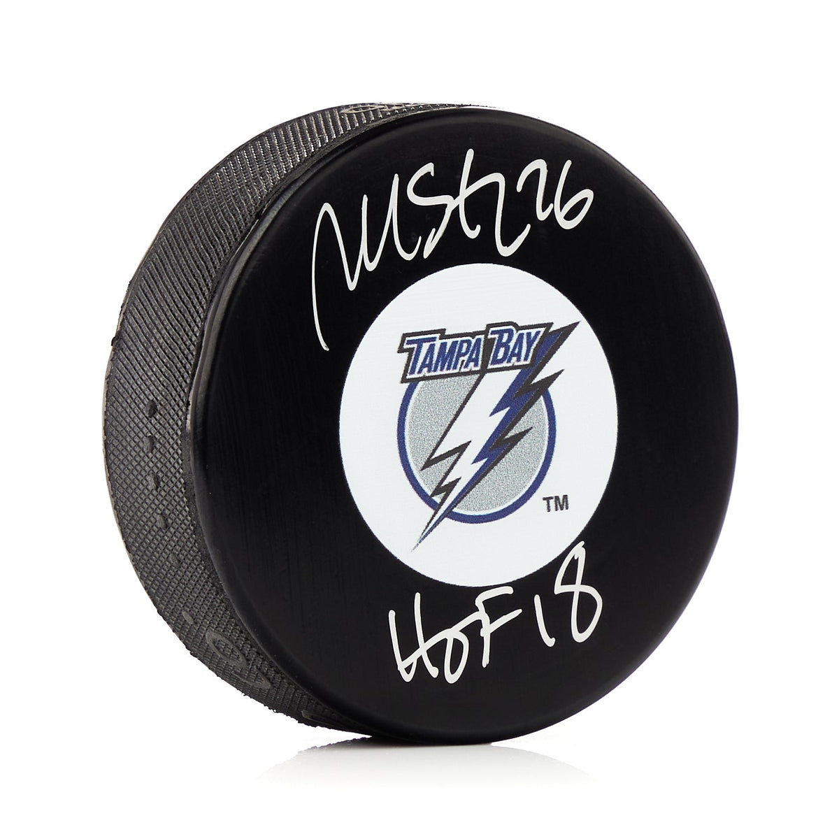 Martin St Louis Signed Tampa Bay Lightning Retro Logo Puck with HOF Note product image 1, provided for visual reference and