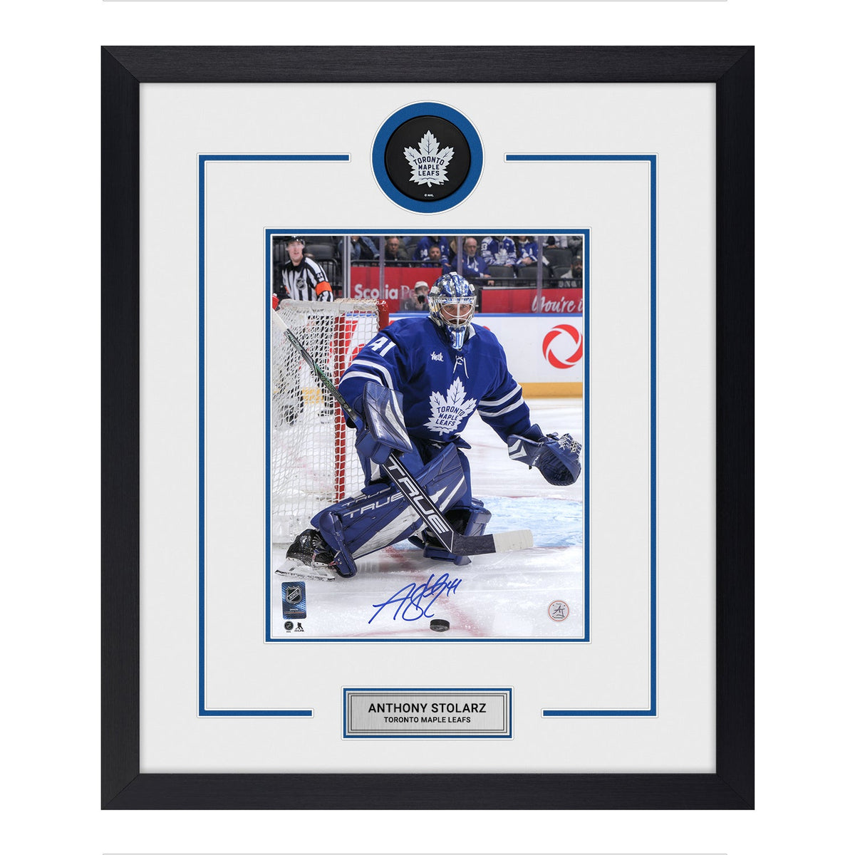Anthony Stolarz Autographed Toronto Maple Leafs Puck Logo 23x27 Frame product image 1, provided for visual reference and