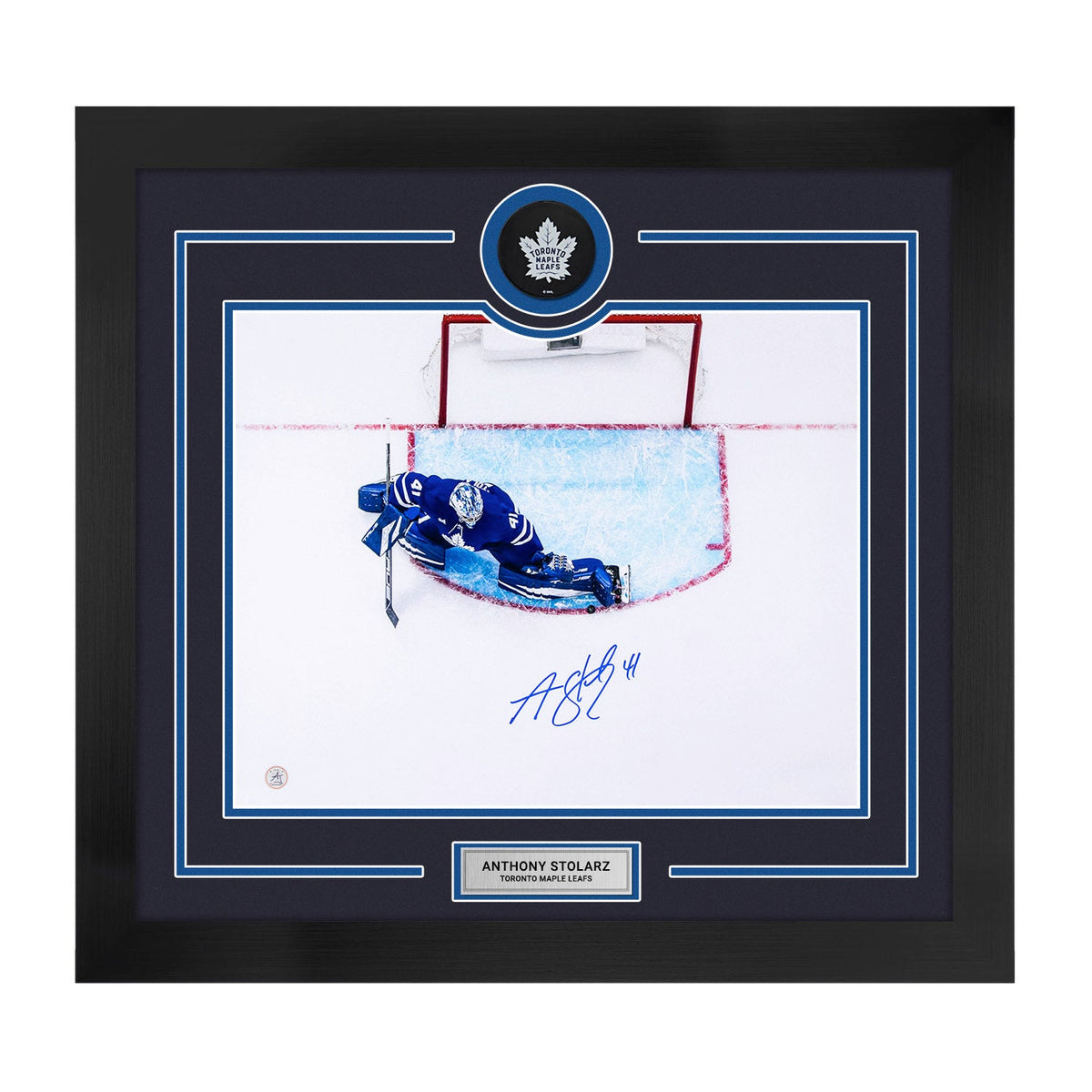Anthony Stolarz Autographed Toronto Maple Leafs Puck Logo 28x30 Frame product image 1, provided for visual reference and