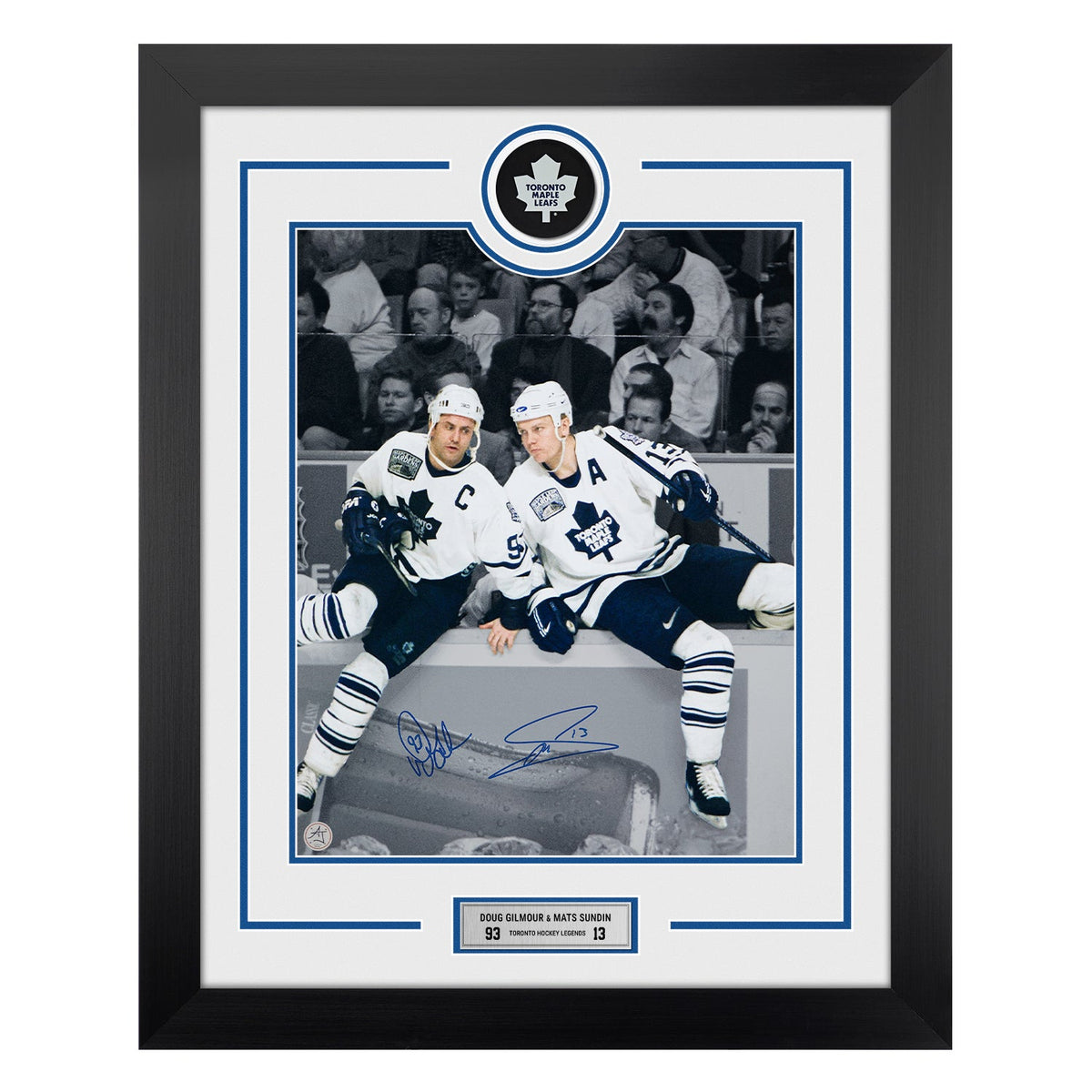 Doug Gilmour & Mats Sundin Dual Signed Toronto Maple Leafs Puck Logo 26x32 Frame product image 1, provided for visual