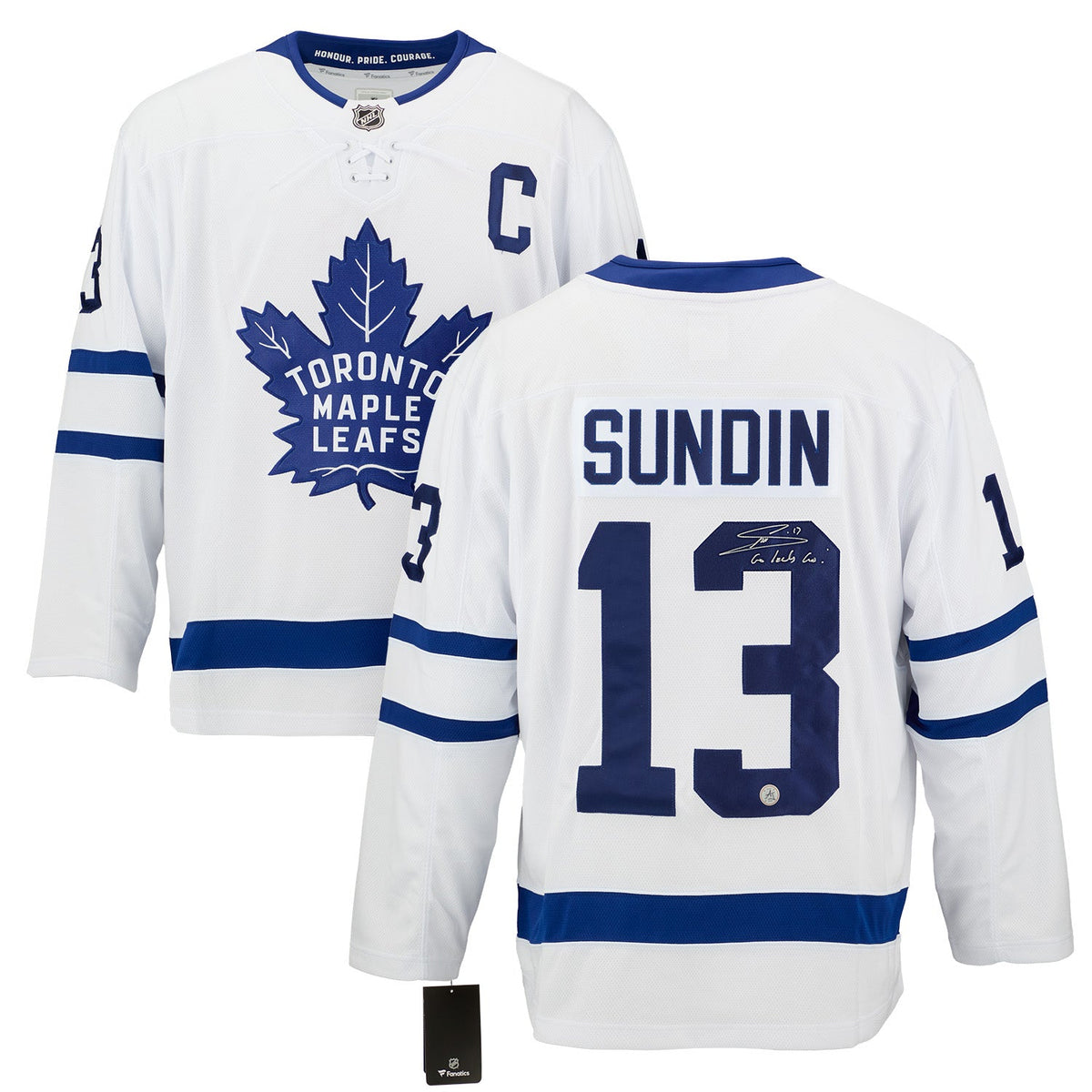 Mats Sundin Signed Toronto Maple Leafs Fanatics Jersey with Go Leafs Go Note product image 3, provided for visual reference