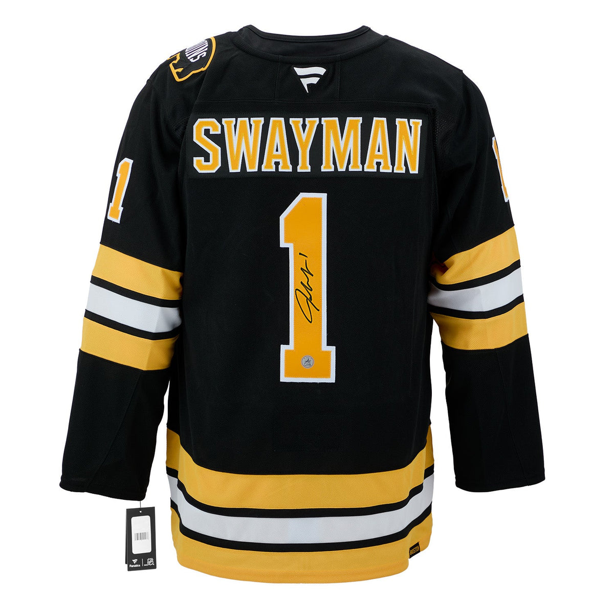 Jeremy Swayman Autographed Boston Bruins Fanatics Premium Jersey product image 1, provided for visual reference and product