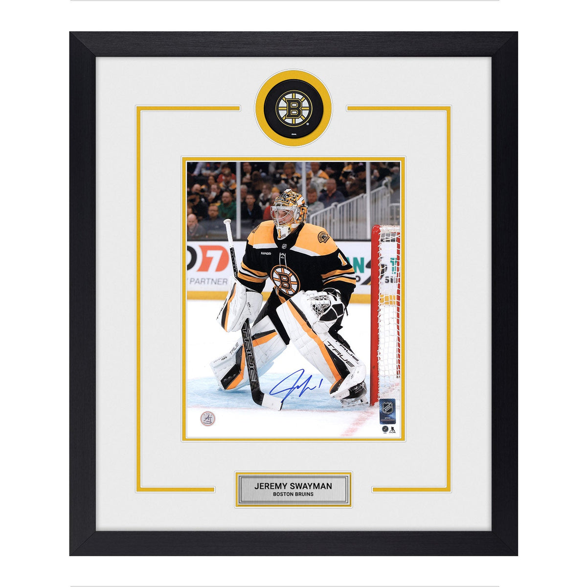 Jeremy Swayman Autographed Boston Bruins Puck Logo 23x27 Frame product image 1, provided for visual reference and product