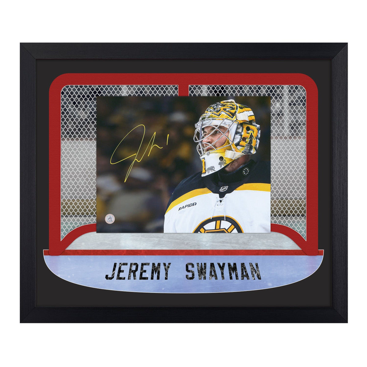Jeremy Swayman Signed Boston Goalie Mask Between The Pipes 23x27 Frame product image 1, provided for visual reference and