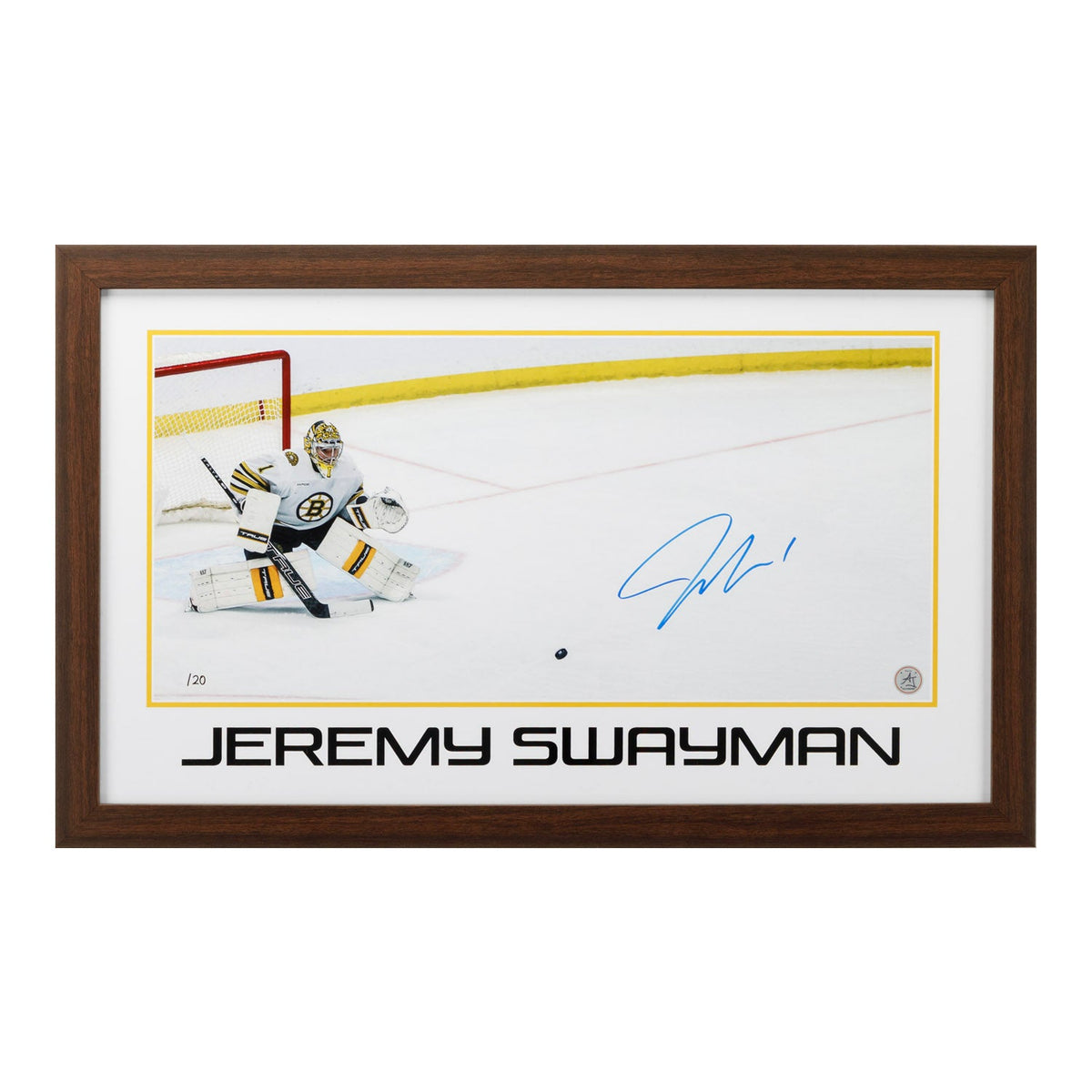 Jeremy Swayman Boston Bruins Prominent Signature 16x26 Frame #/20 product image 1, provided for visual reference and product
