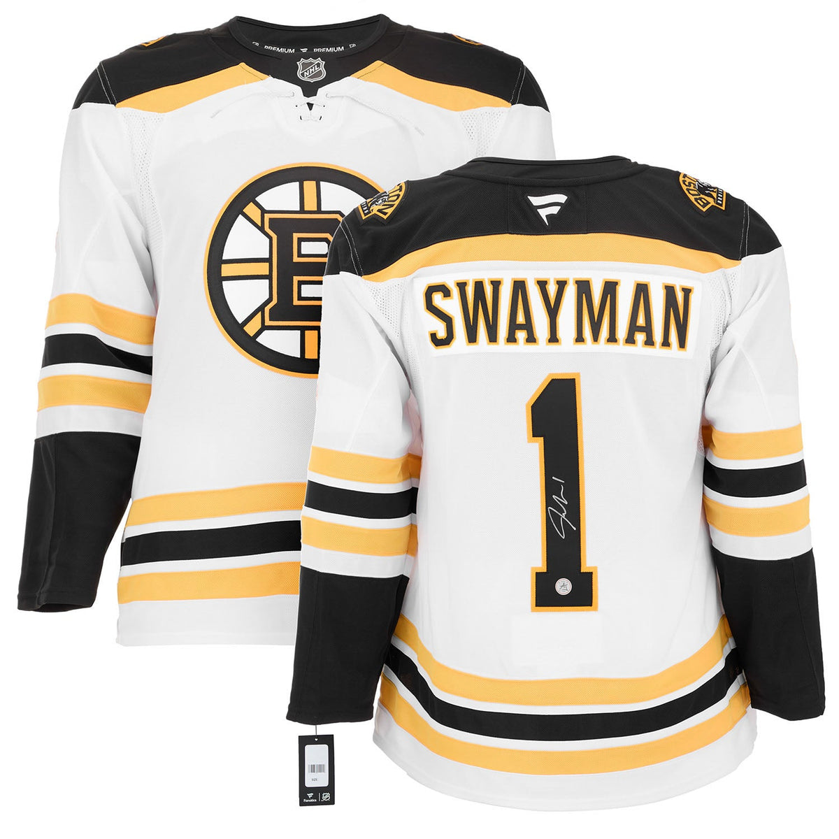 Jeremy Swayman Signed Boston Bruins White Fanatics Premium Jersey product image 3, provided for visual reference and product