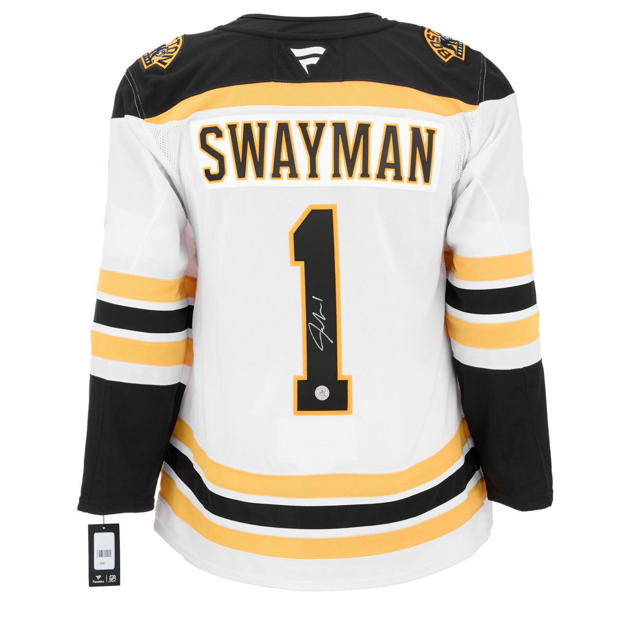 Jeremy Swayman Signed Boston Bruins White Fanatics Premium Jersey product image 1, provided for visual reference and product