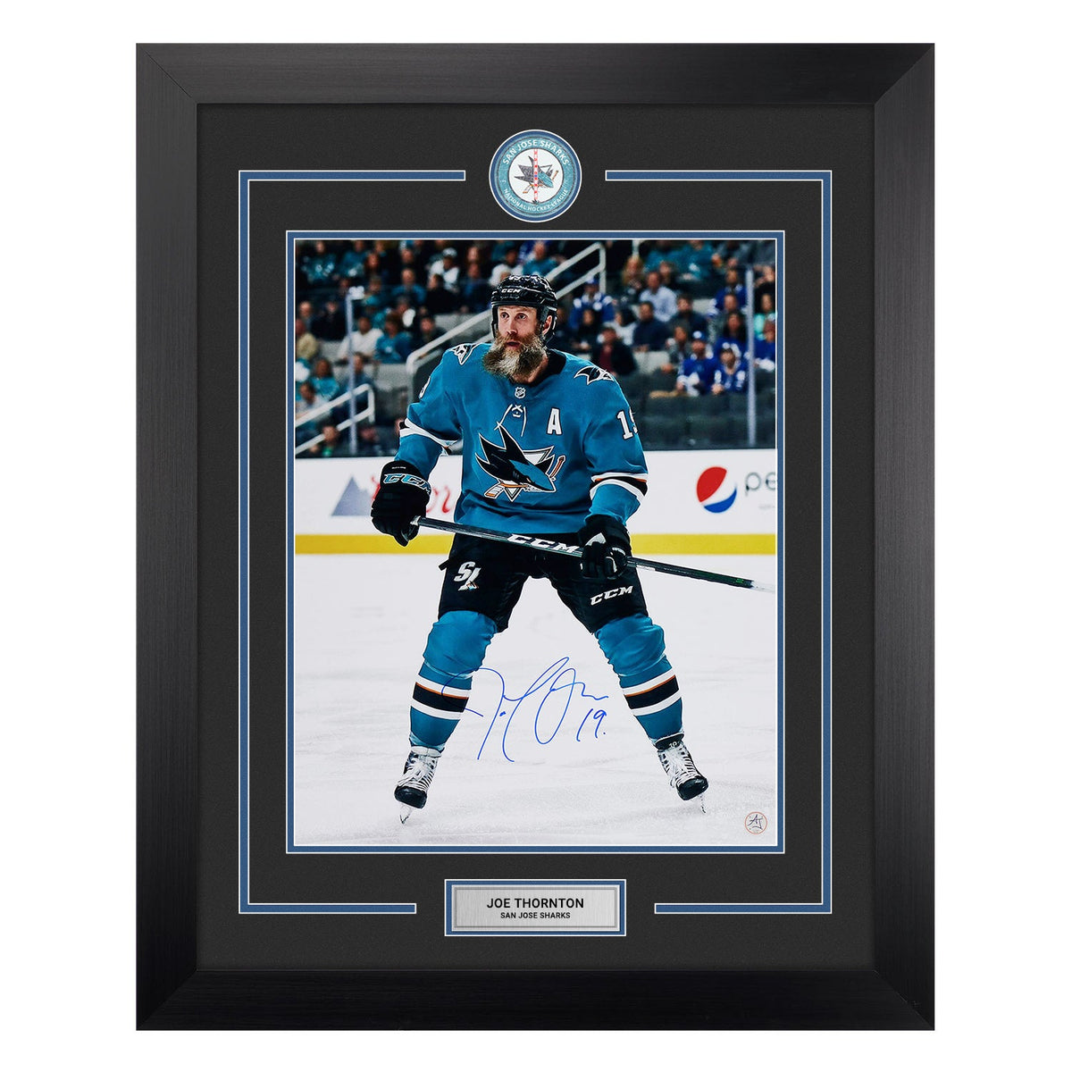 Joe Thornton Autographed San Jose Sharks Centre Ice Logo 26x32 Frame product image 1, provided for visual reference and