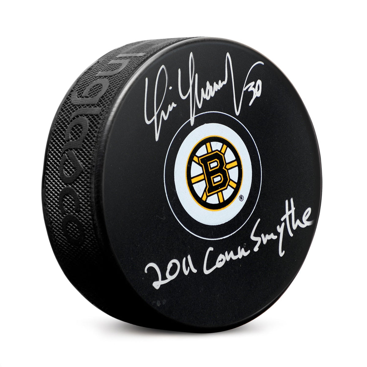 Tim Thomas Signed Boston Bruins Hockey Puck with 2011 Conn Smythe Note product image 1, provided for visual reference and