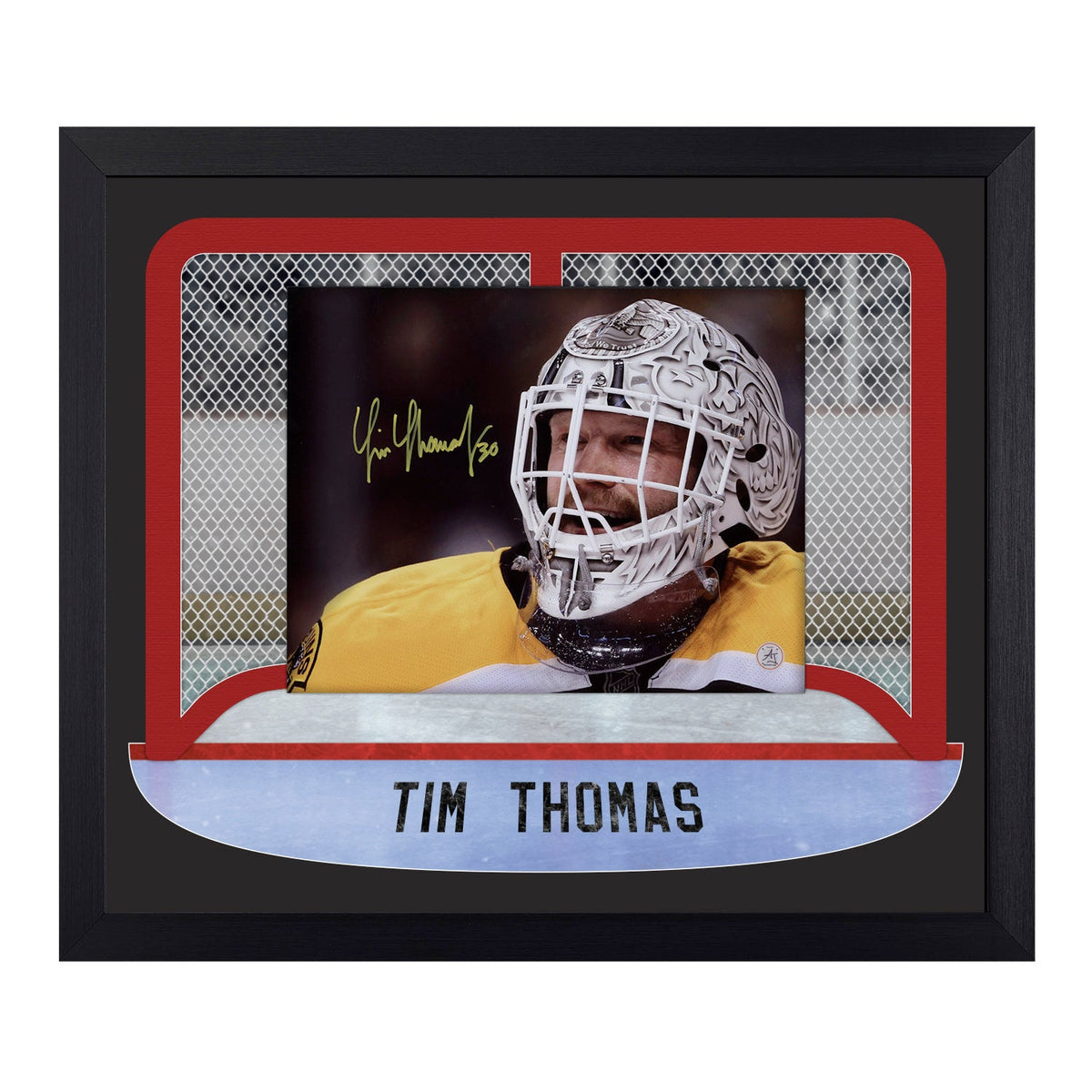 Tim Thomas Signed Boston Goalie Mask Between The Pipes 23x27 Frame product image 1, provided for visual reference and