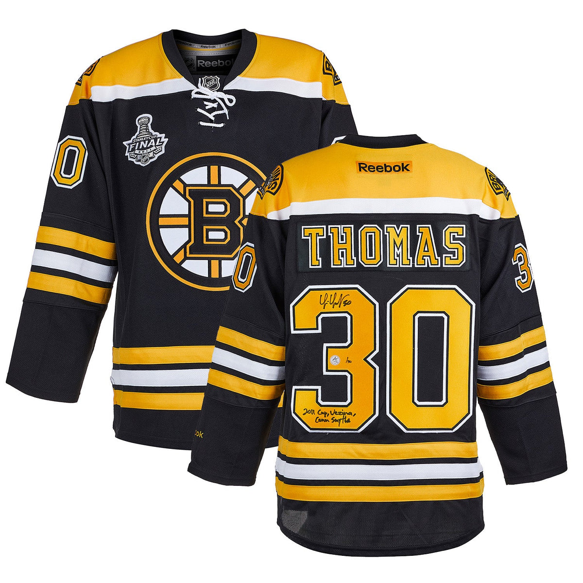 Tim Thomas Boston Bruins Signed & Inscribed 2011 Stanley Cup Reebok Jersey #/30 product image 3, provided for visual
