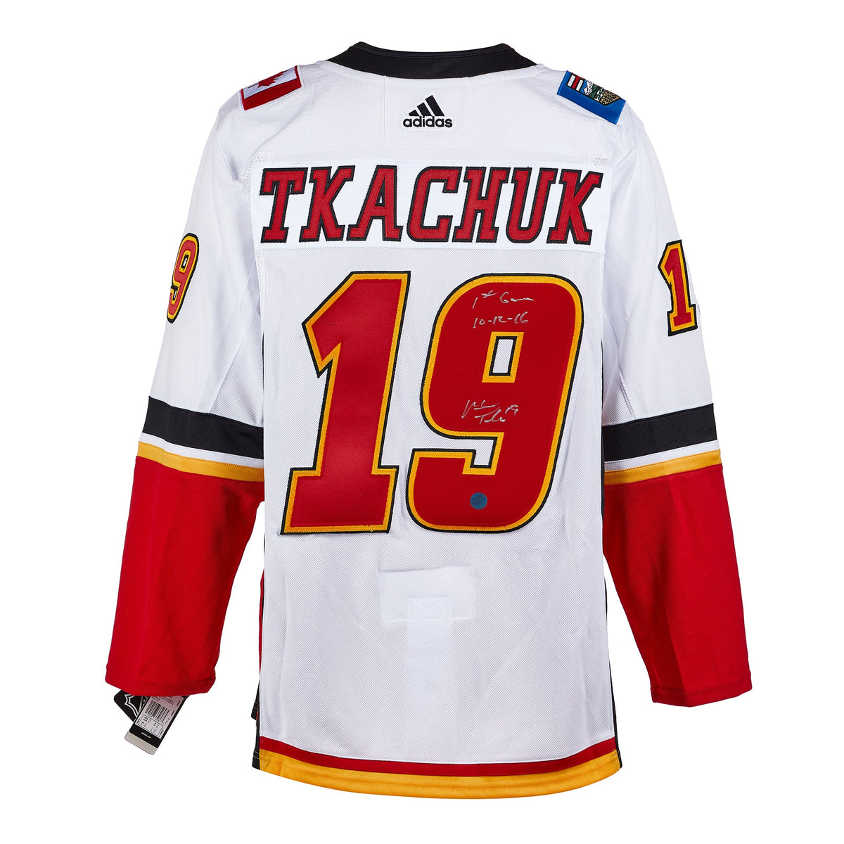 Matthew Tkachuk Signed & Dated 1st Game Calgary Flames White adidas Jersey product image 1, provided for visual reference