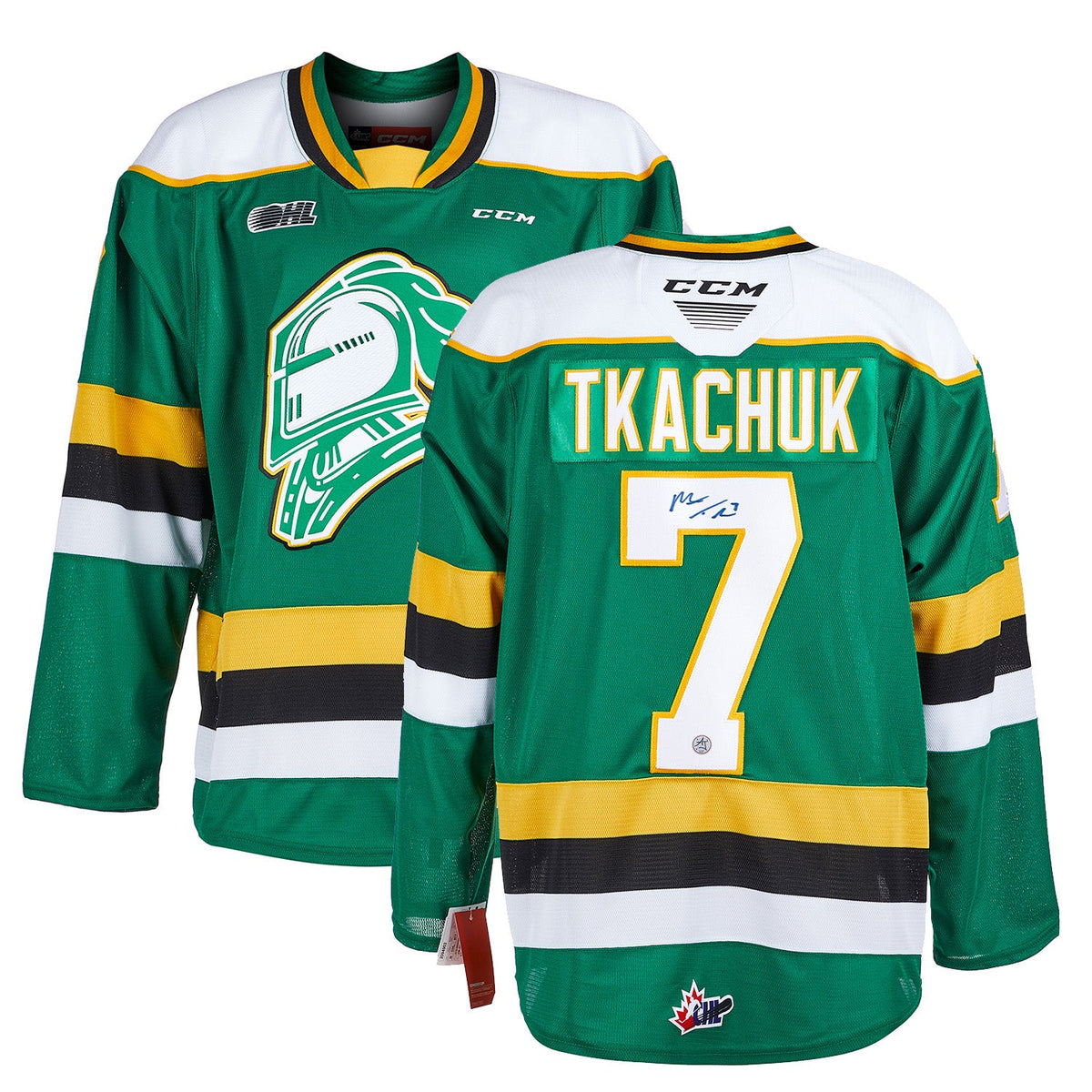 Matthew Tkachuk Signed London Knights Green CCM Jersey product image 3, provided for visual reference and product detail