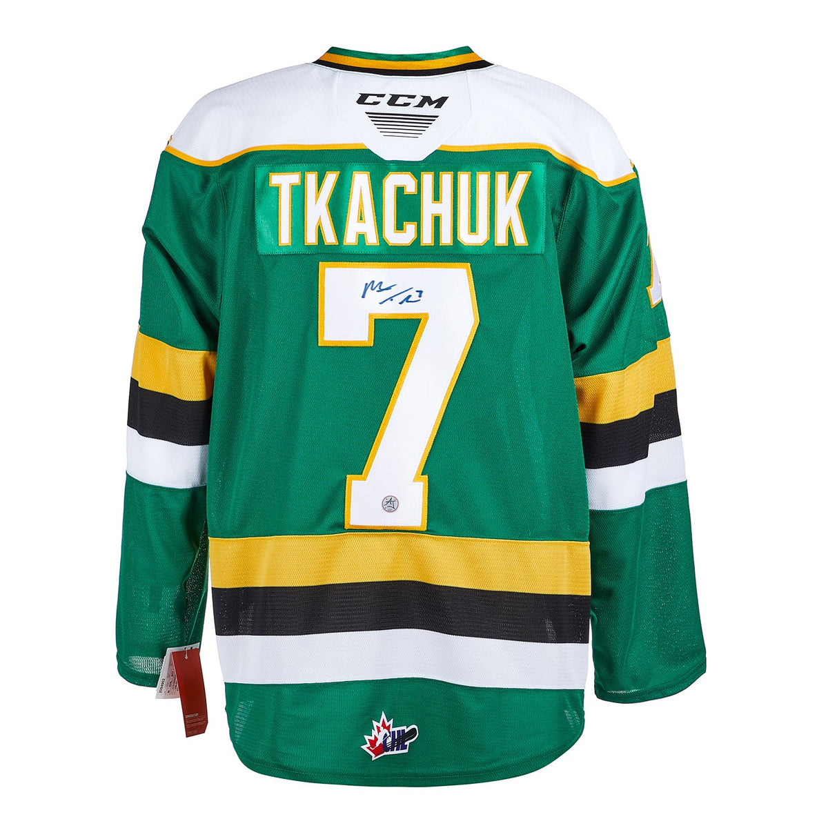Matthew Tkachuk Signed London Knights Green CCM Jersey product image 1, provided for visual reference and product detail