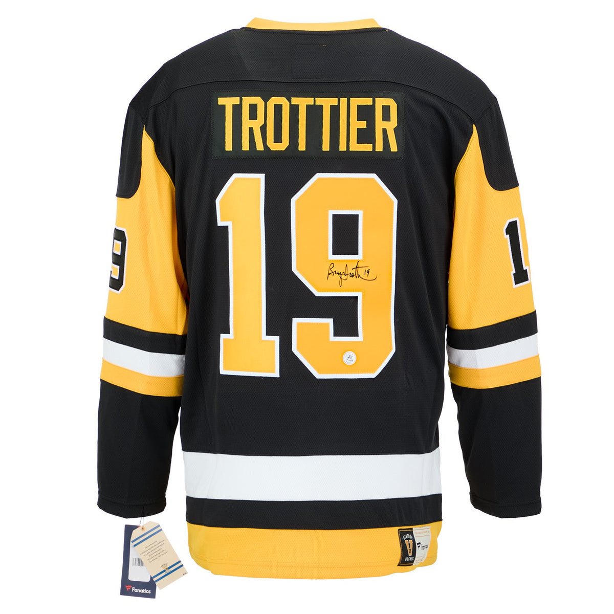 Bryan Trottier Autographed Pittsburgh Penguins Fanatics Throwback Jersey product image 1, provided for visual reference and