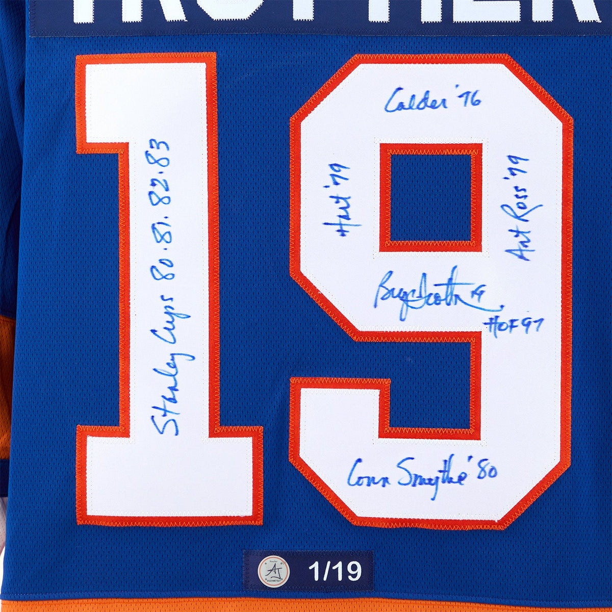 Bryan Trottier Signed & Inscribed New York Islanders Fanatics Stats Jersey #1/19 product image 3, provided for visual