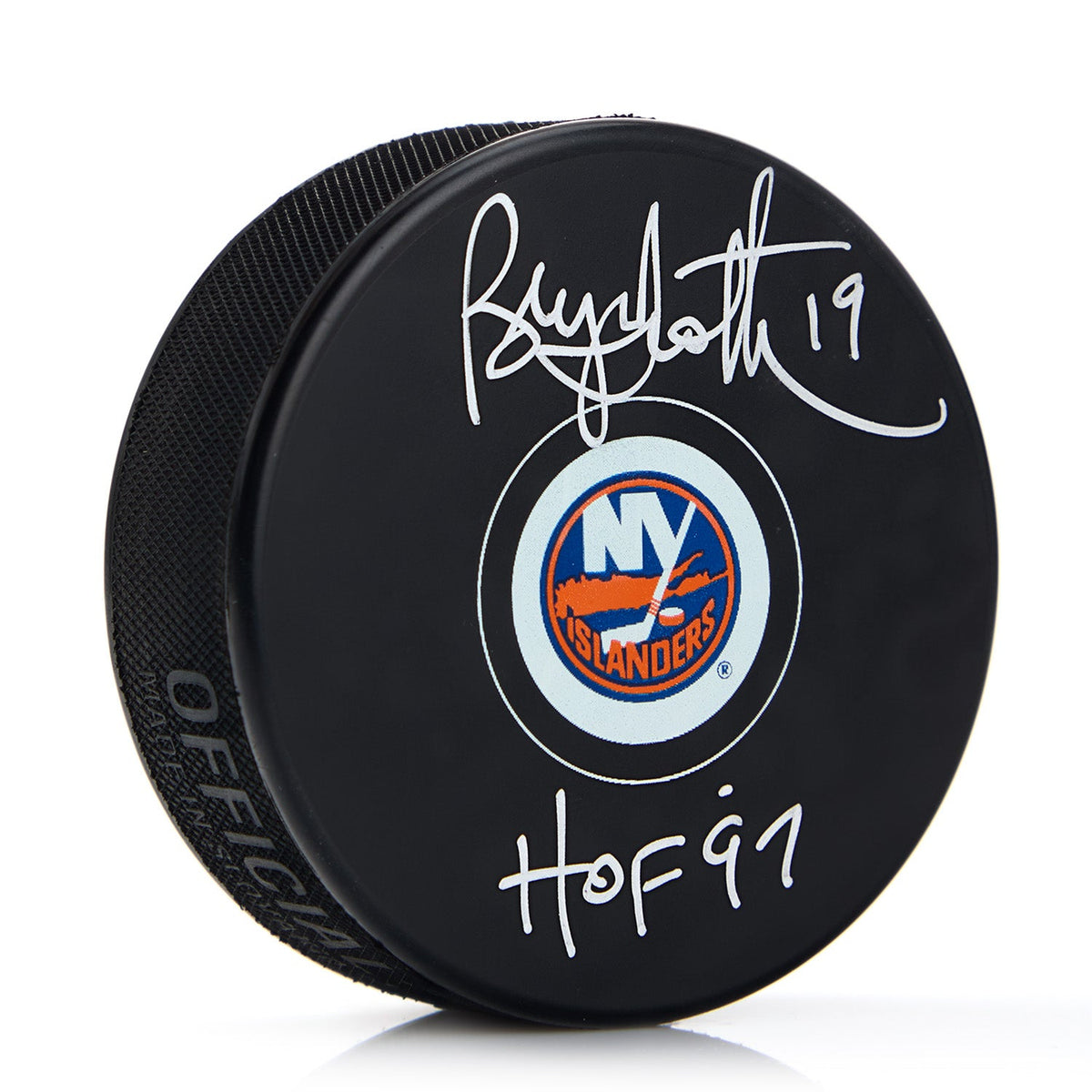 Bryan Trottier Autographed New York Islanders Hockey Puck with HOF Note product image 1, provided for visual reference and