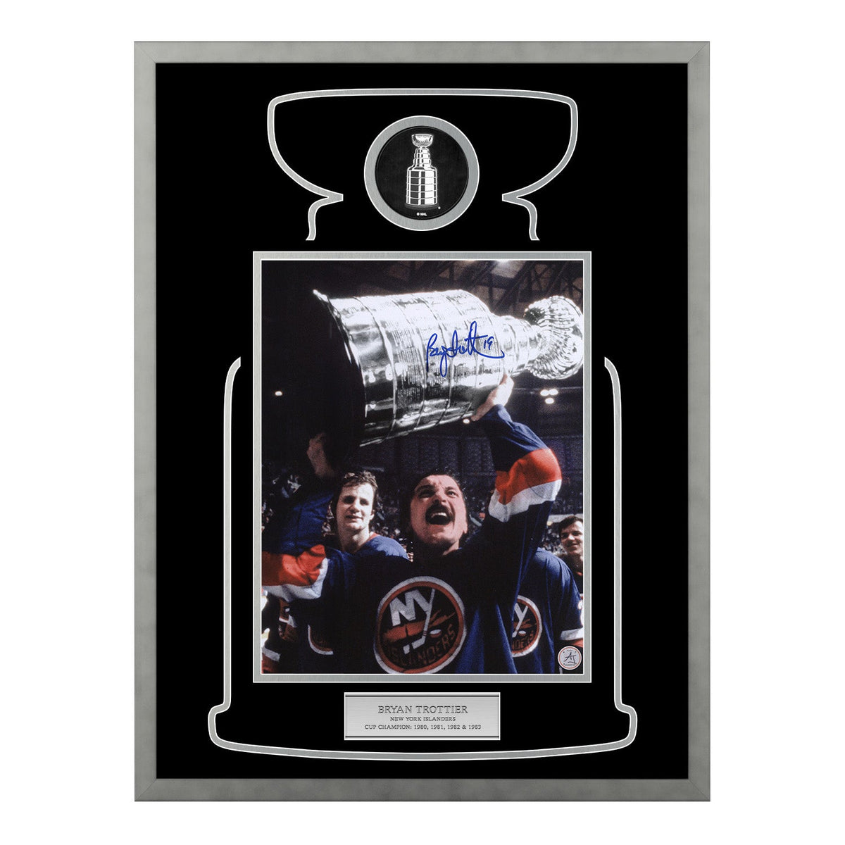 Bryan Trottier Autographed New York Islanders Cup Champion 20x26 Frame product image 1, provided for visual reference and