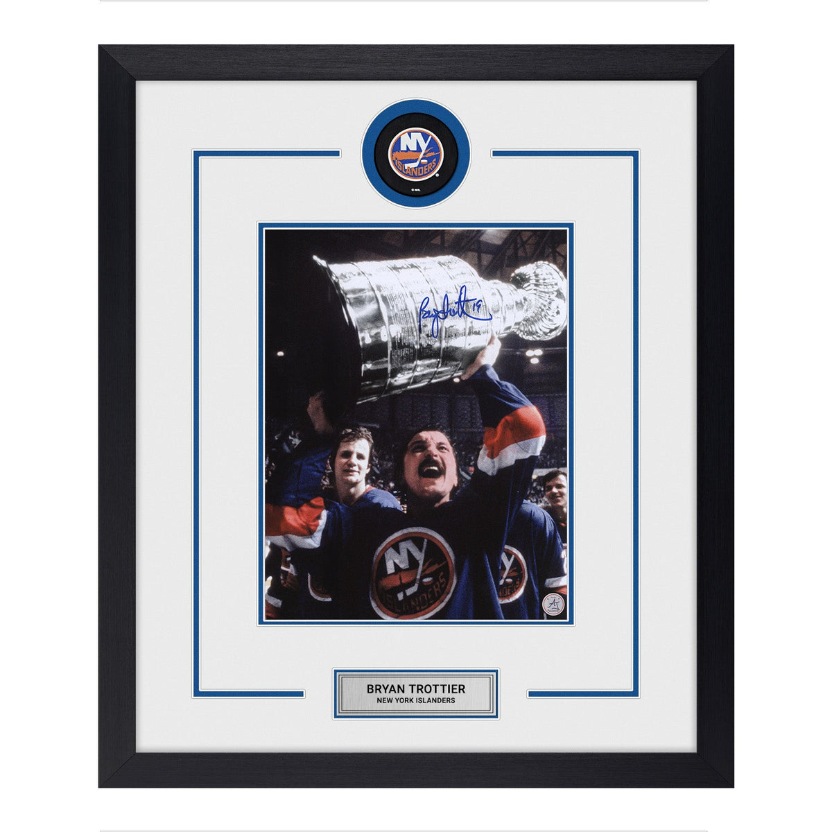 Bryan Trottier Autographed New York Islanders Puck Logo 22x26 Frame product image 1, provided for visual reference and