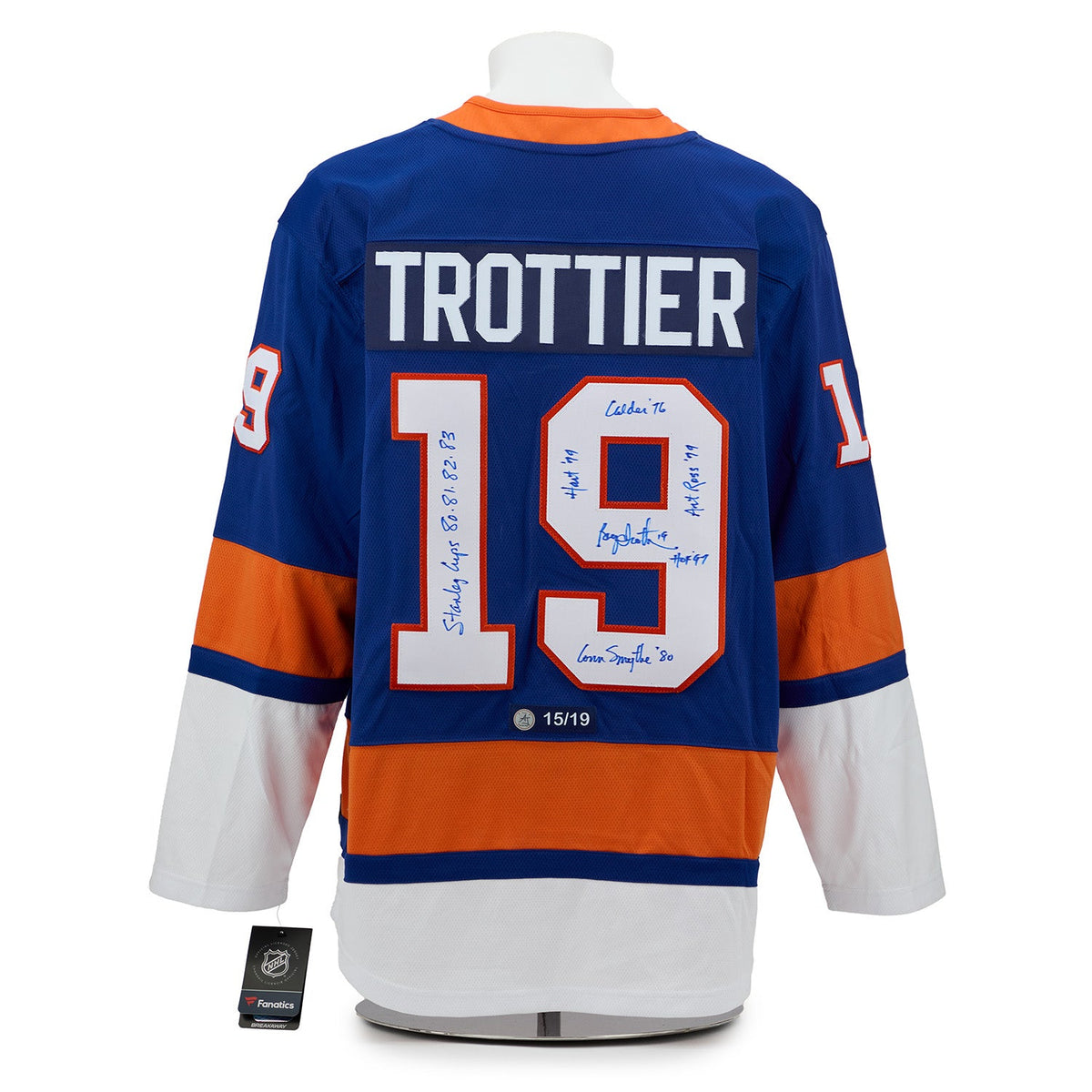 Bryan Trottier Signed & Inscribed New York Islanders Fanatics Stat Jersey #15/19 product image 1, provided for visual