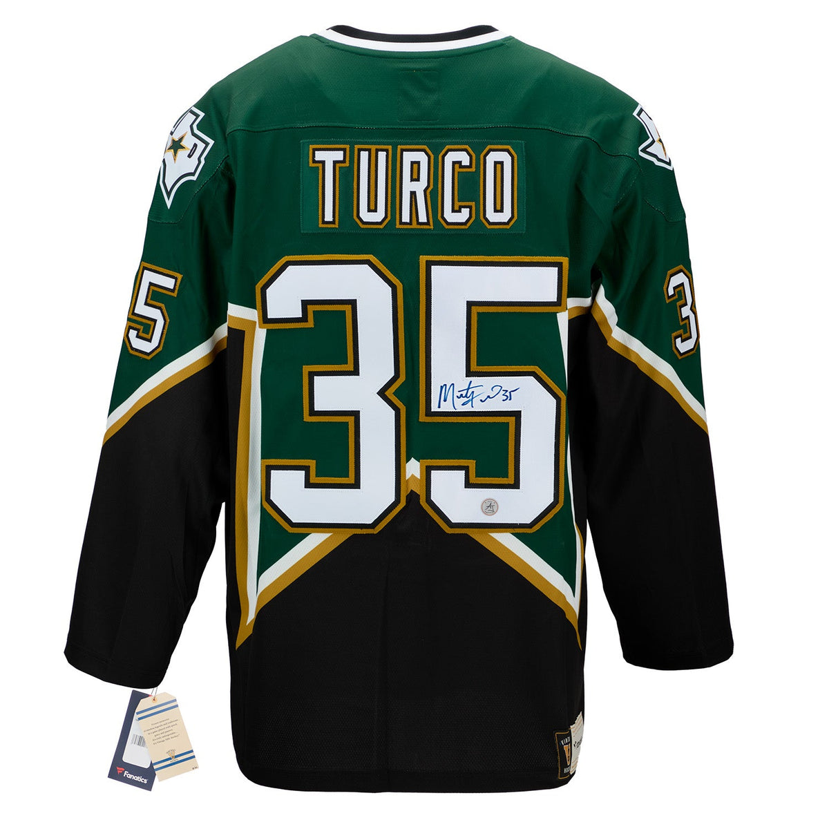 Marty Turco Autographed Dallas Stars Fanatics Throwback Jersey product image 1, provided for visual reference and product