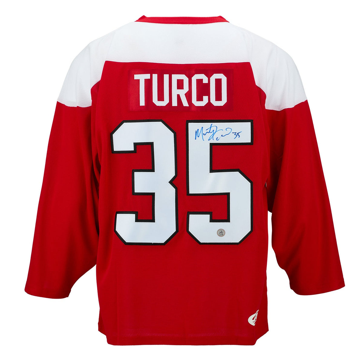 Marty Turco Team Canada Signed Canadian Flag Design Hockey Jersey product image 1, provided for visual reference and product