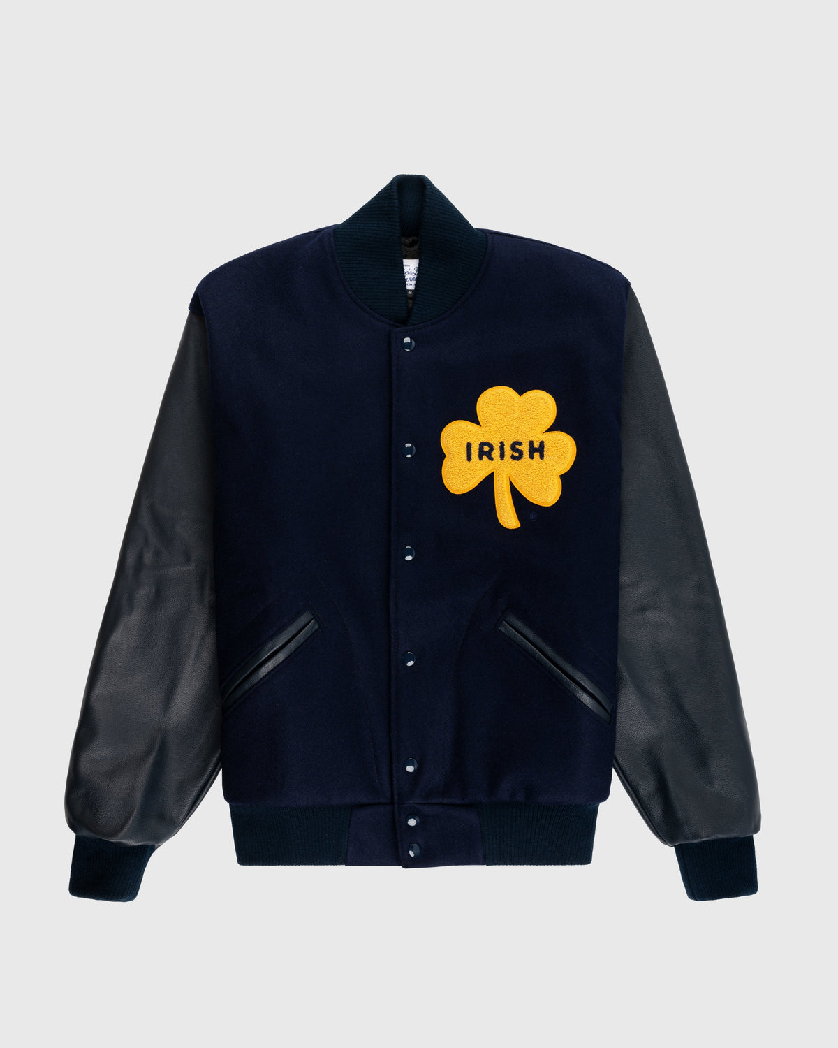 University of Notre Dame Authentic Wool & Leather Varsity Jacket product image 1, provided for visual reference and product