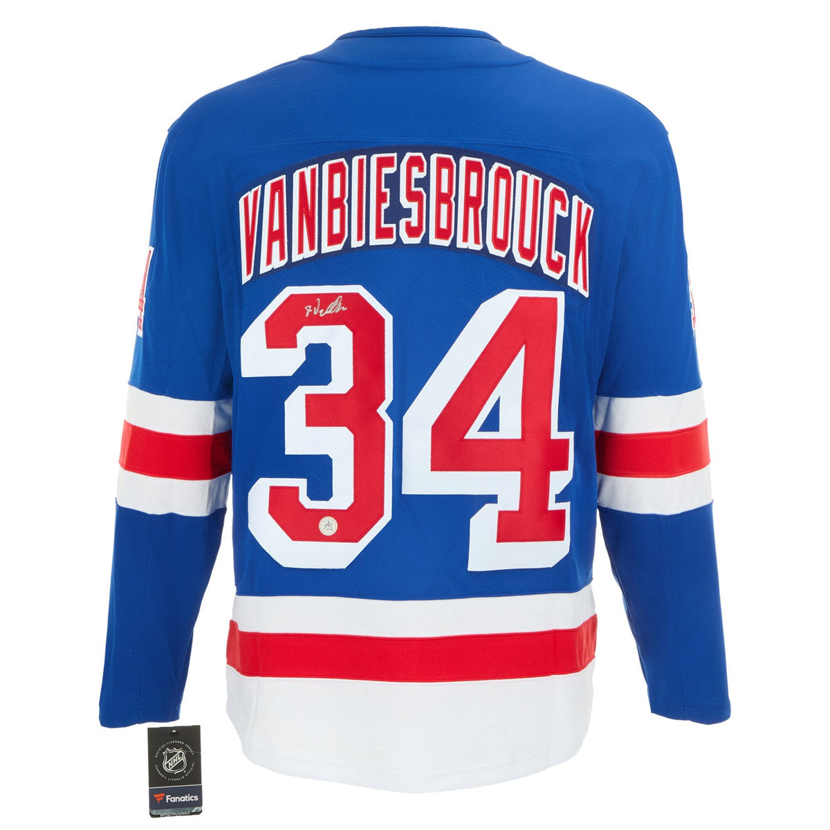 John Vanbiesbrouck Signed New York Rangers Blue Fanatics Breakaway Jersey product image 1, provided for visual reference and