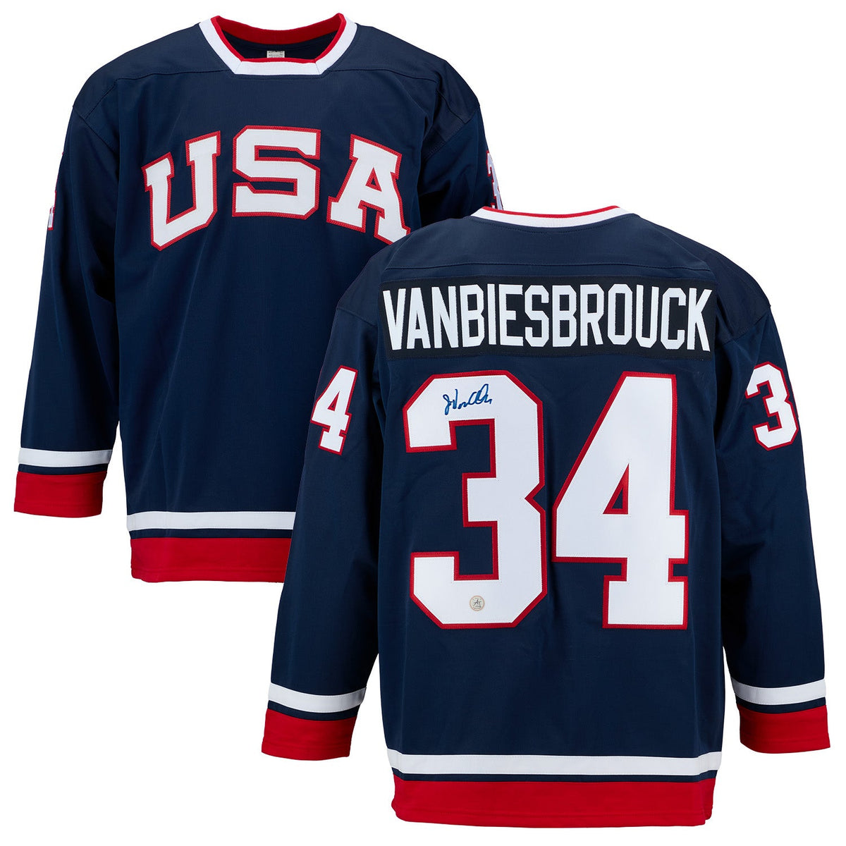 John Vanbiesbrouck Autographed Team USA Custom Hockey Nation Jersey product image 3, provided for visual reference and