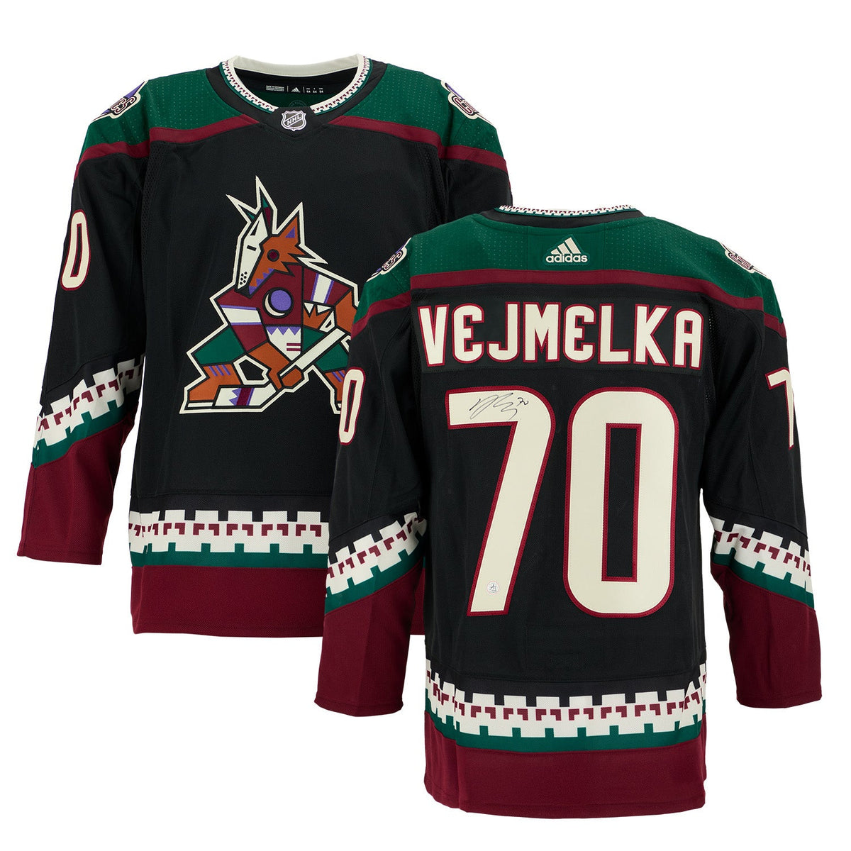 Karel Vejmelka Signed Arizona Coyotes Black Kachina adidas Jersey product image 3, provided for visual reference and product
