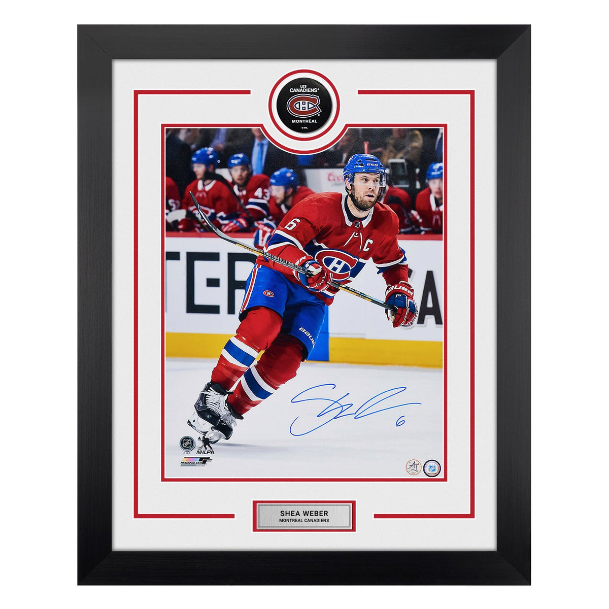 Shea Weber Autographed Montreal Canadiens Puck Logo 26x32 Frame product image 1, provided for visual reference and product
