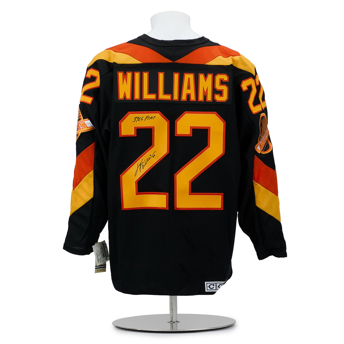 Tiger Williams Signed & Inscribed Vancouver Canucks Flying V Vintage CCM Jersey product image 1, provided for visual