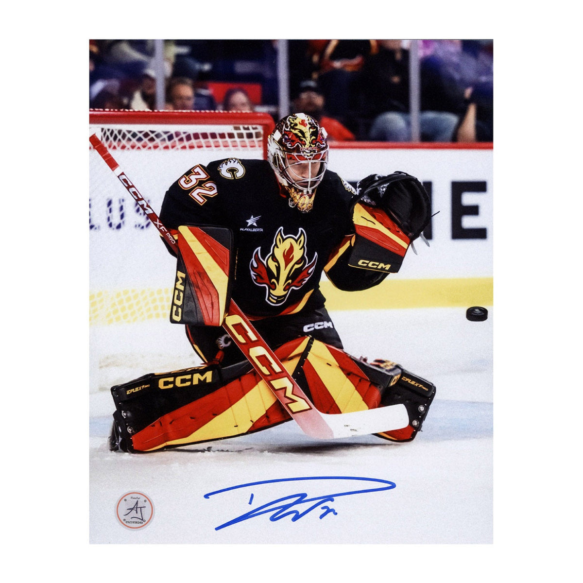 Dustin Wolf Autographed Calgary Flames Glove Save 8x10 Photo product image 1, provided for visual reference and product