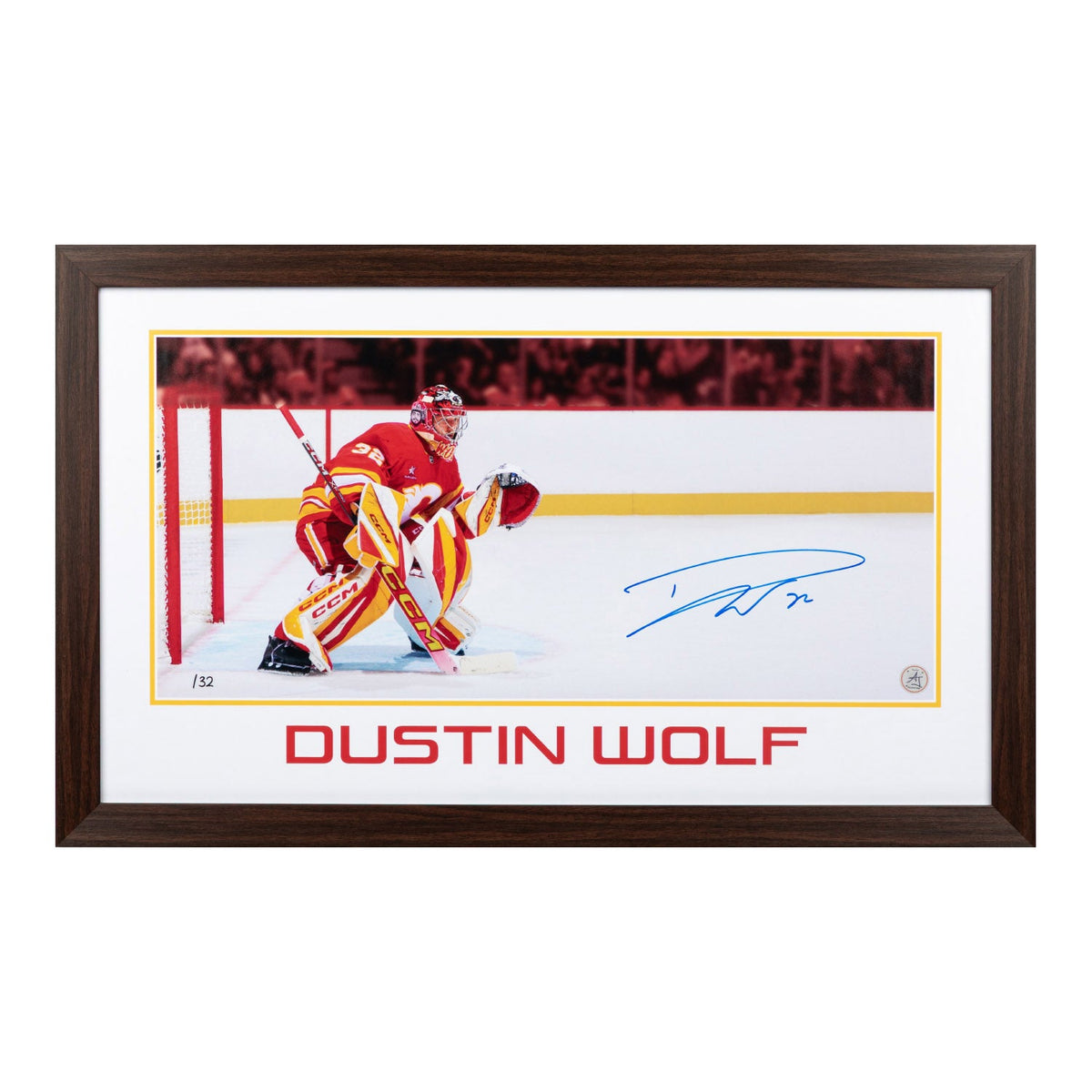 Dustin Wolf Calgary Flames Prominent Signature 16x26 Frame #/32 product image 1, provided for visual reference and product