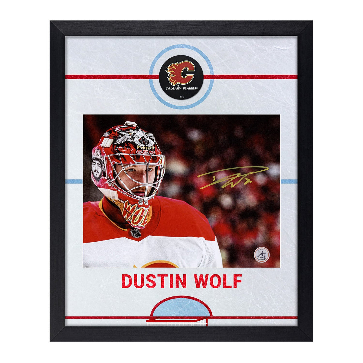 Dustin Wolf Autographed Calgary Flames Graphic Rink 19x23 Frame product image 1, provided for visual reference and product