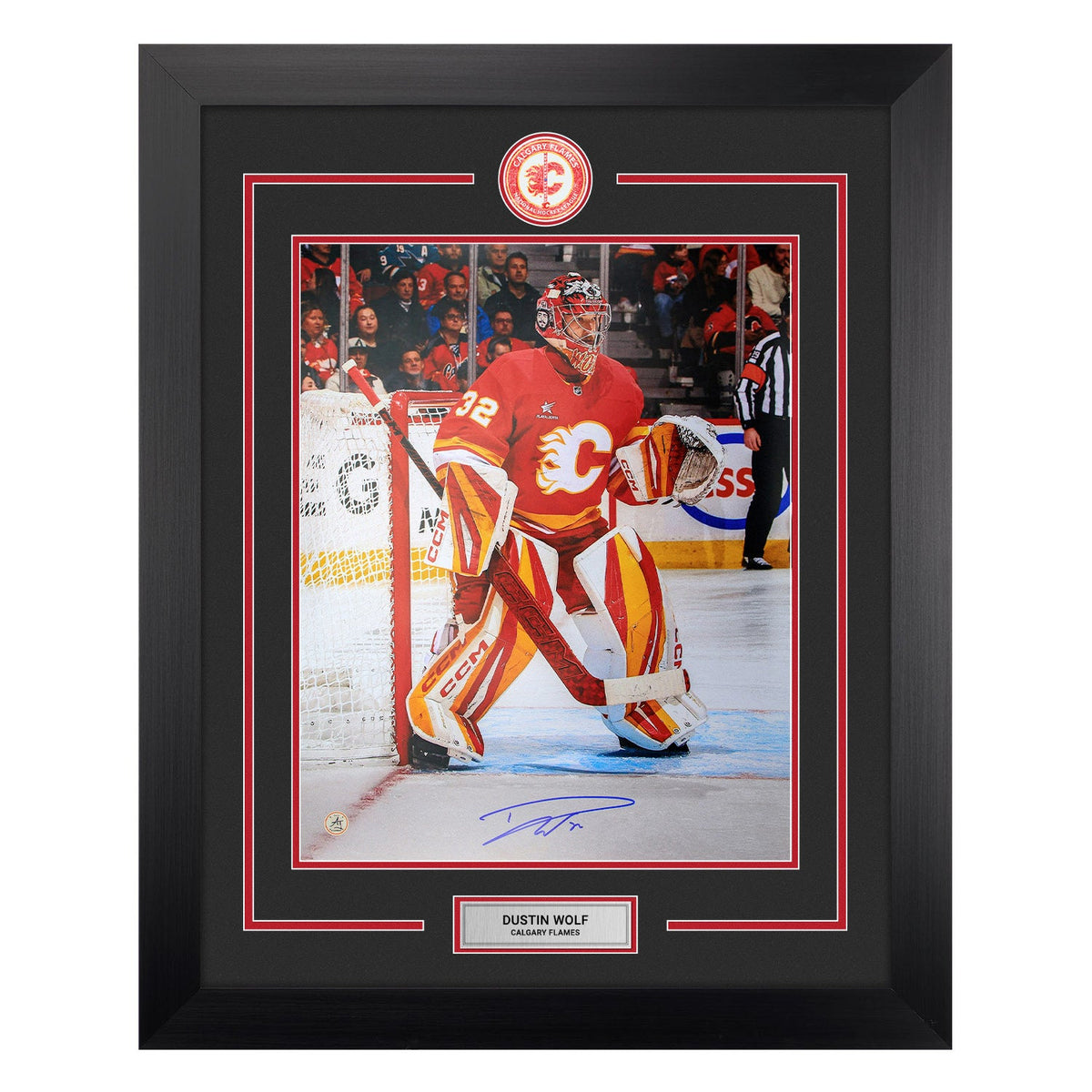 Dustin Wolf Autographed Calgary Flames Centre Ice Logo 26x32 Frame product image 1, provided for visual reference and