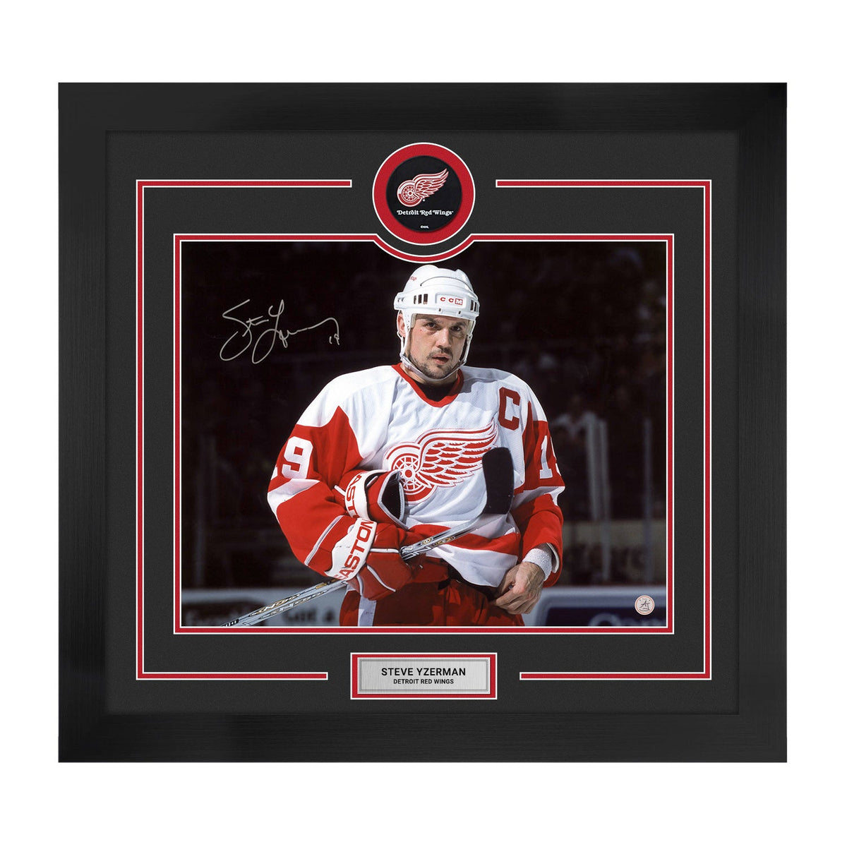 Steve Yzerman Autographed Detroit Red Wings Puck Logo 28x30 Frame product image 1, provided for visual reference and product