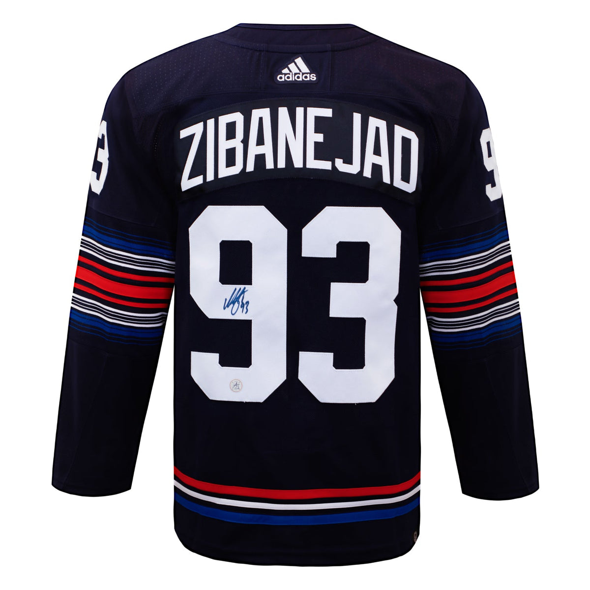 Mika Zibanejad Signed New York Rangers Alt Crest adidas Jersey product image 1, provided for visual reference and product